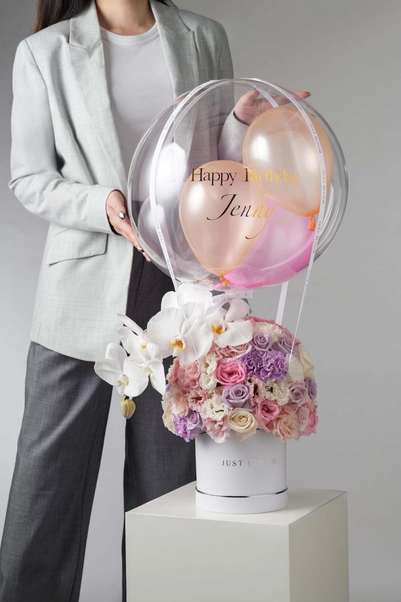 Pastel dome flower hatbox with orchids and roses – Adore arrangement by Just Bloom Hong Kong