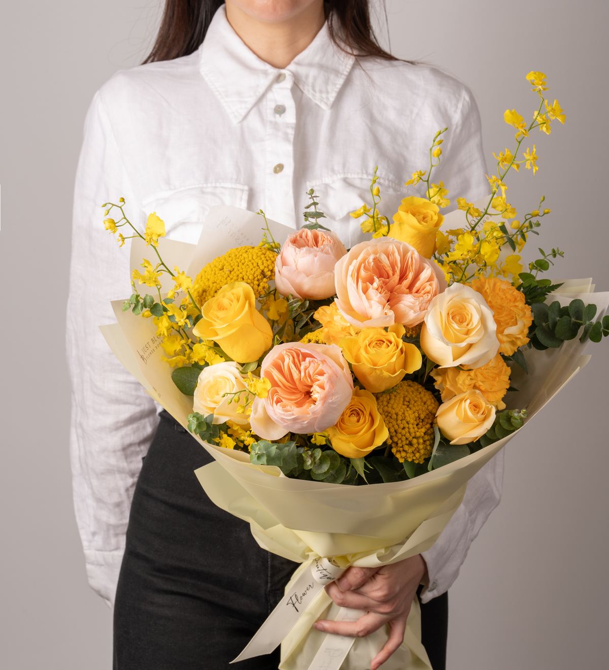 Amanda – Yellow & Apricot Rose Bouquet | Elegant Fresh Flowers by Just ...