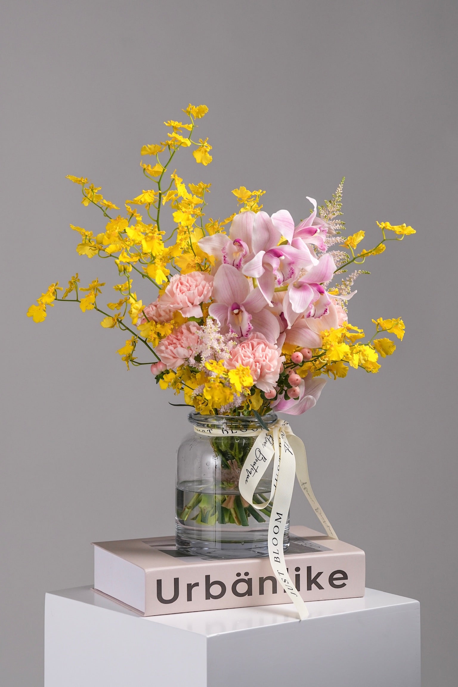 Beatrice Vase Arrangement with Yellow Dancing Lady Orchids, Pink Cymbidium Orchids, Carnations, Astilbes, and Hypericum Berries by Just Bloom Hong Kong
