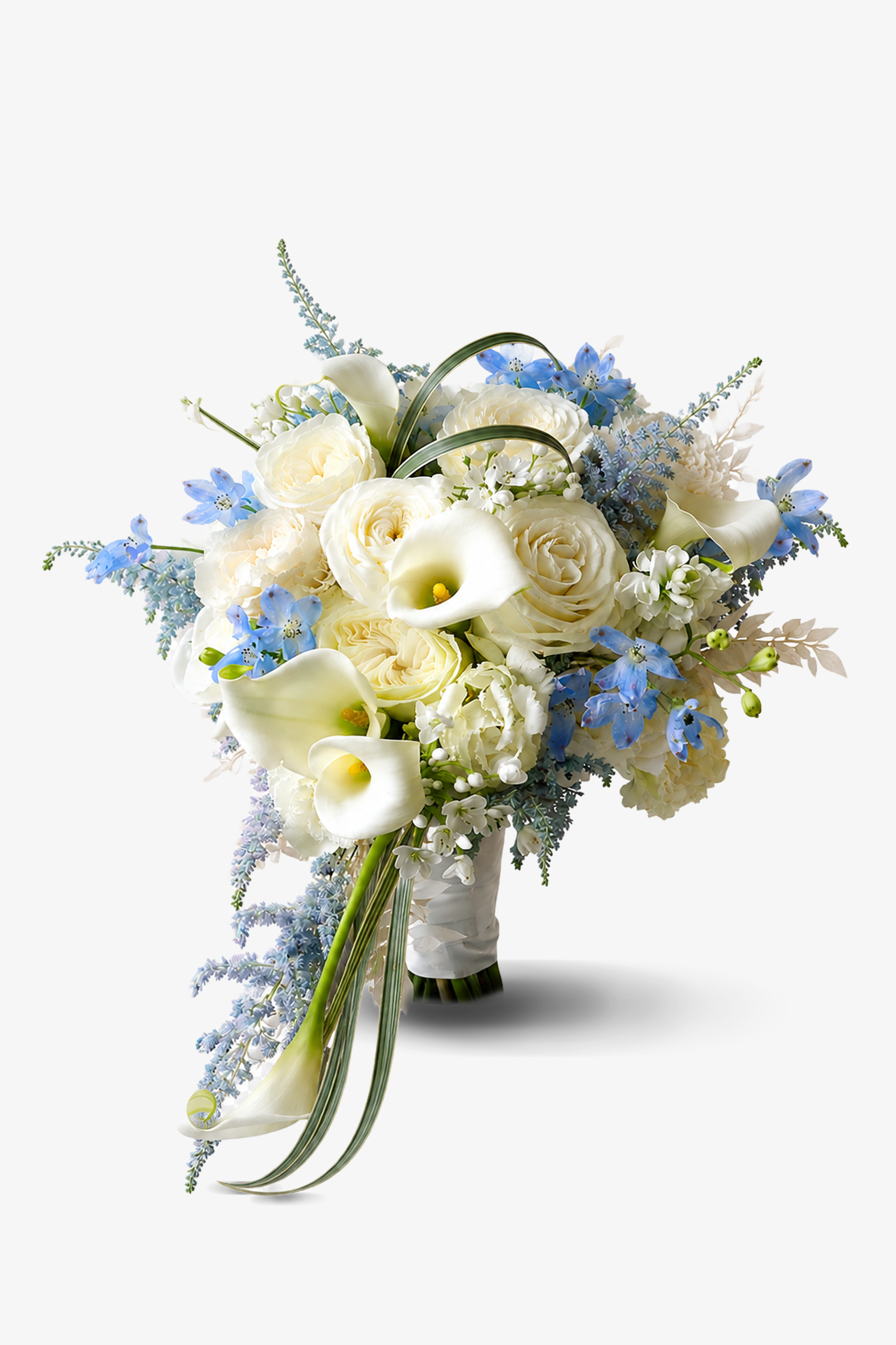 Cascading bridal bouquet in soft white and periwinkle blue with trailing stems and leaf blades, photographed against a white background — Just Bloom Hong Kong
