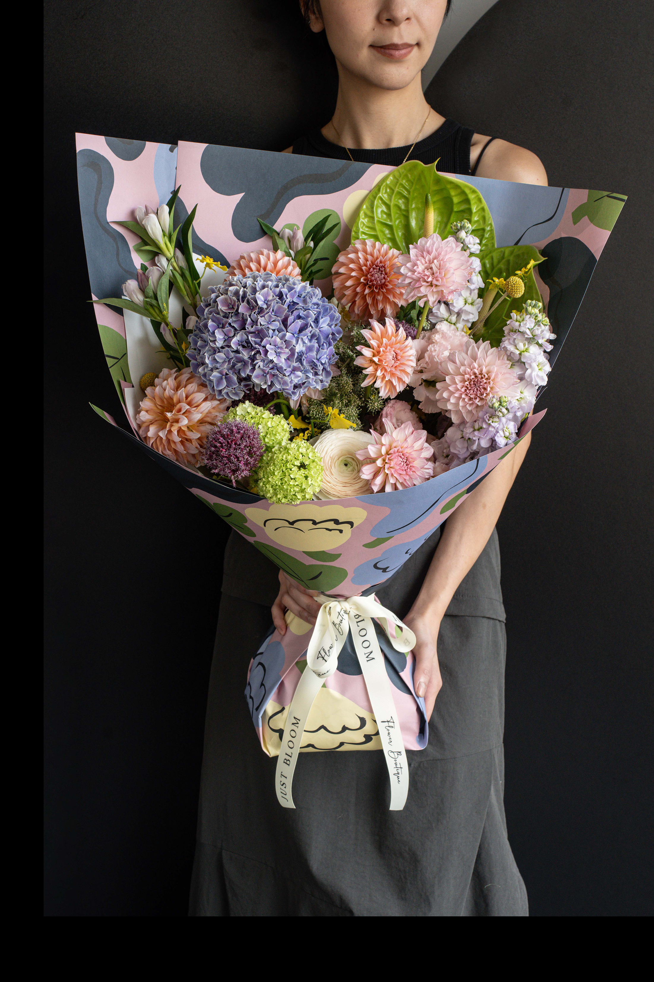 Bloom Club Bouquet with Dahlias, Ranunculuses, Alliums, and Anthuriums by Just Bloom Hong Kong