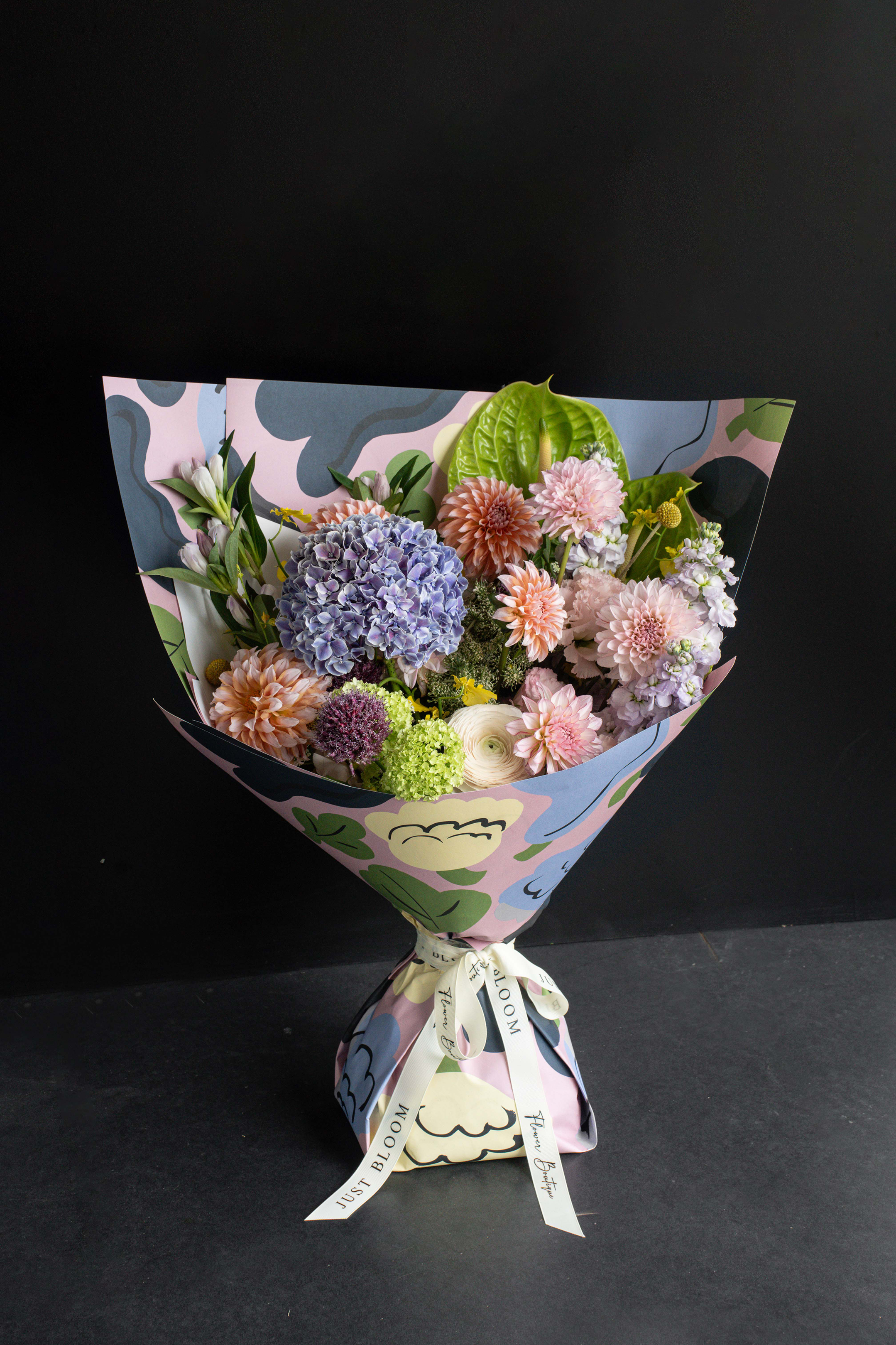 Bloom Club Bouquet with Dahlias, Ranunculuses, Alliums, and Anthuriums by Just Bloom Hong Kong