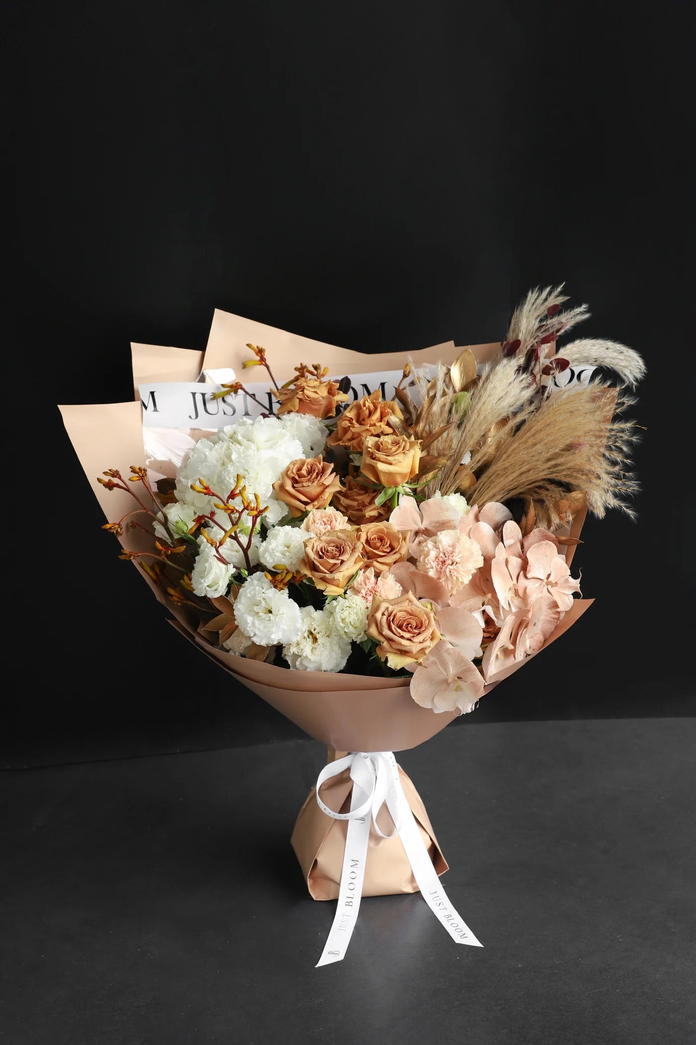 Brulee Warm Earth Tone Fresh Flower Bouquet with Roses and Phalaenopsis Orchids — Just Bloom Hong Kong