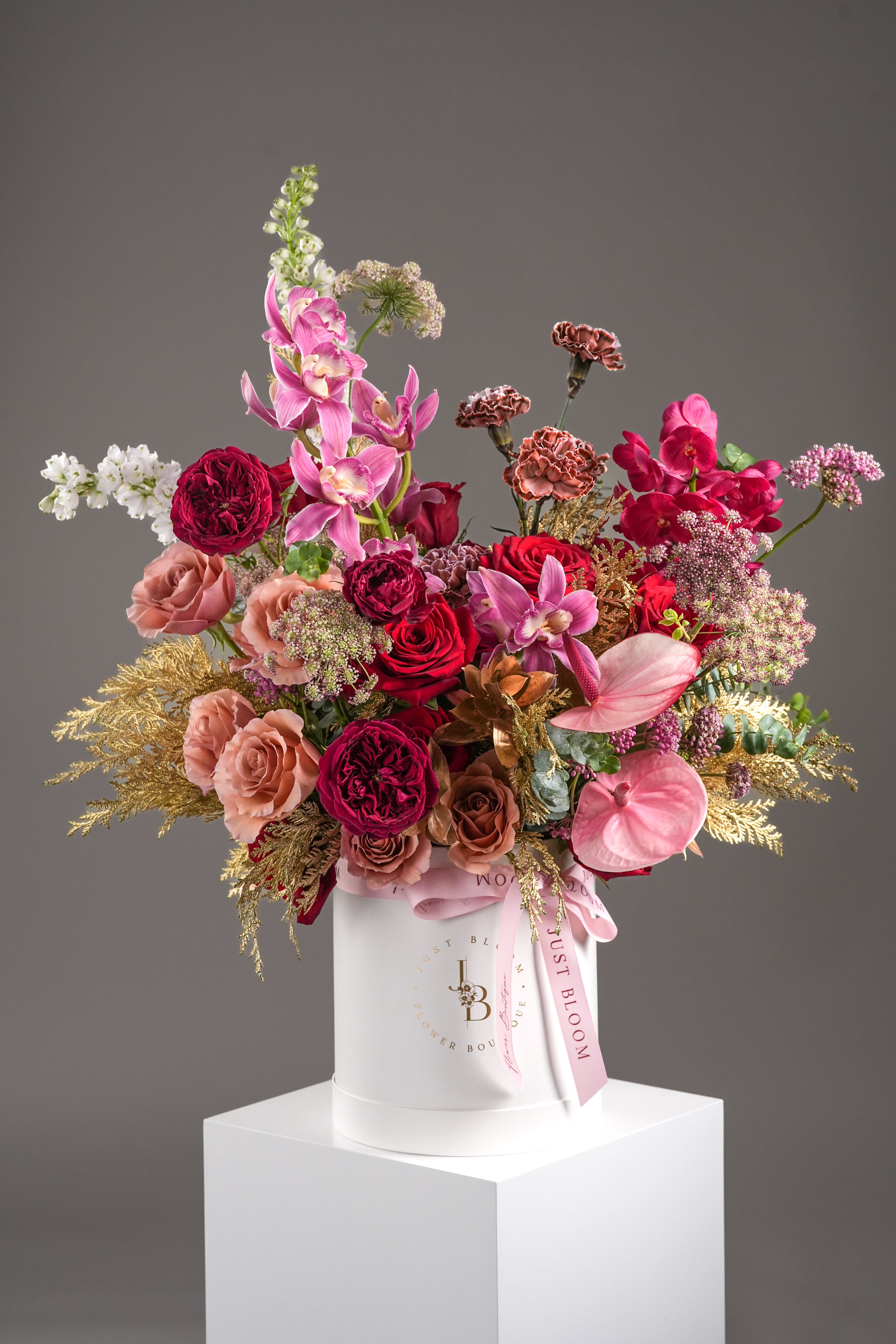 Claire – Premium red and pink rose floral box with cymbidium and anthurium