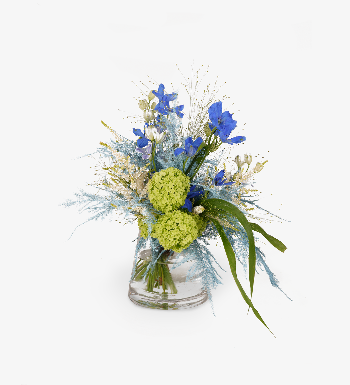 Collins Table Centrepiece with Viburnum, Astilbe, Delphiniums, Hydrangeas, Calla Lilies, and Tinted Foliage by Just Bloom Hong Kong