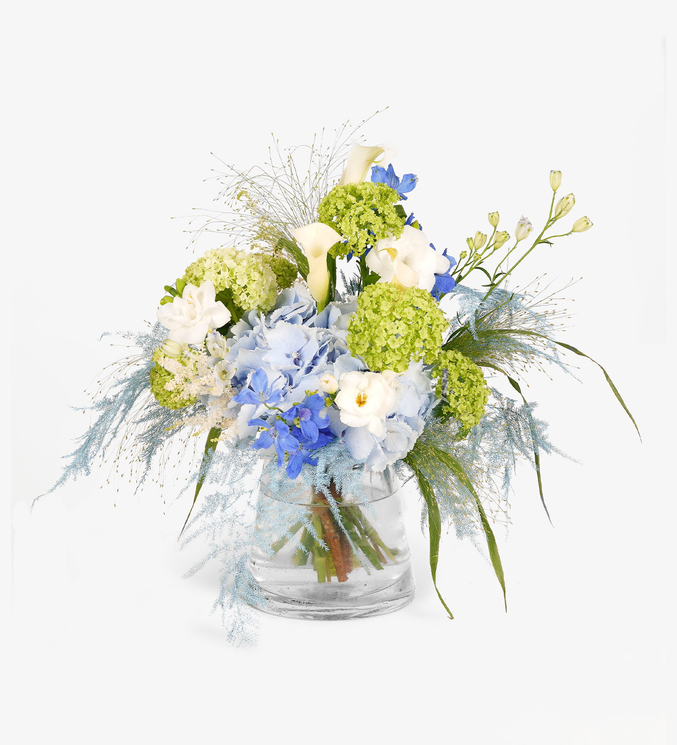 Collins Table Centrepiece with Viburnum, Astilbe, Delphiniums, Hydrangeas, Calla Lilies, and Tinted Foliage by Just Bloom Hong Kong