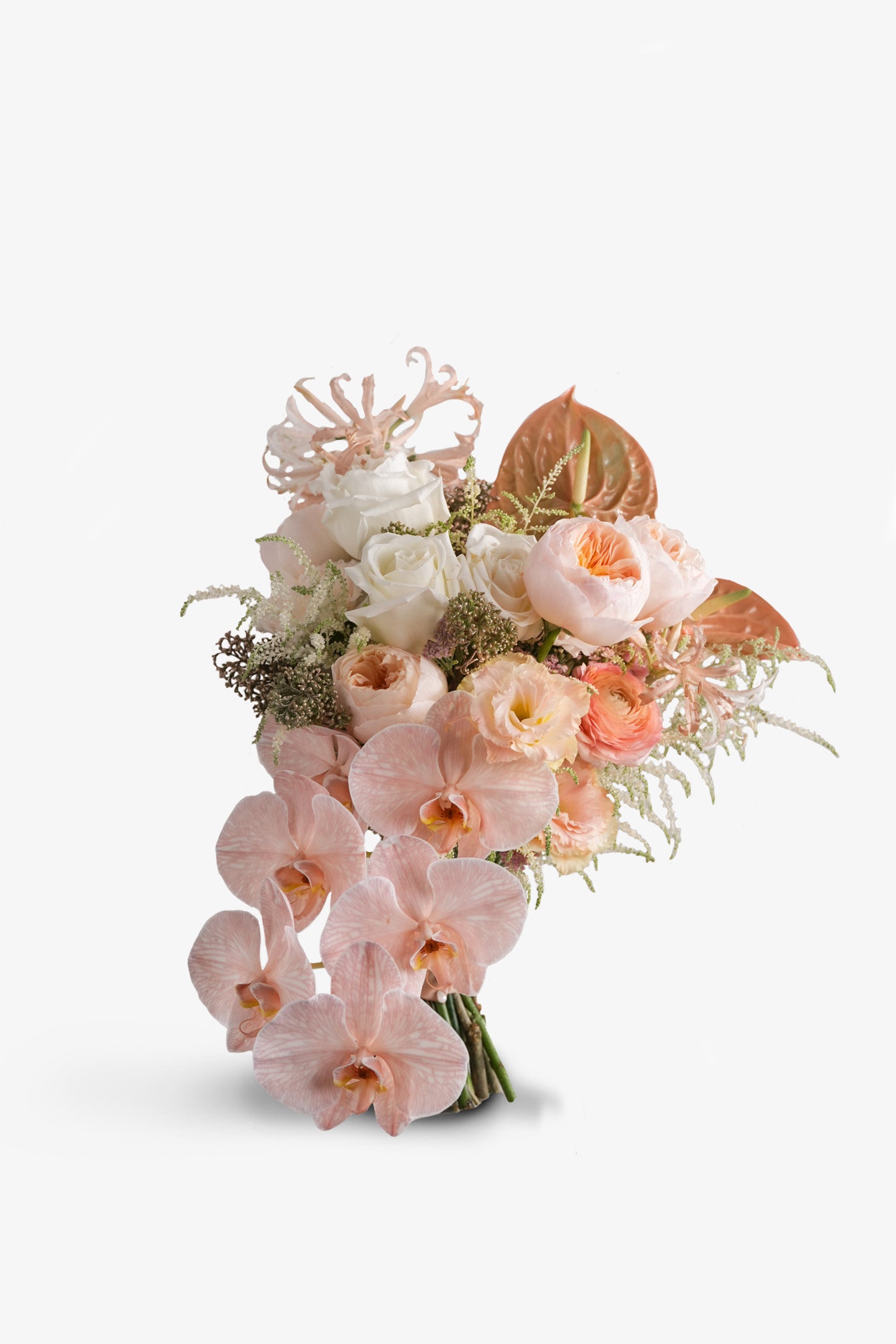Davina bridal bouquet with cascading peach orchids and garden roses in soft white background