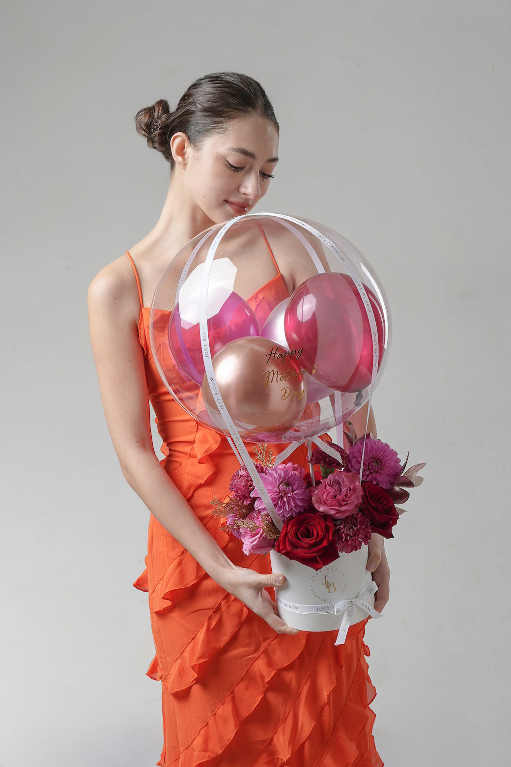 Dear Mom - A red and pink Mother’s Day flower box featuring roses, carnations, dahlias, and a crystal balloon. A bold and elegant gift from Just Bloom HK.