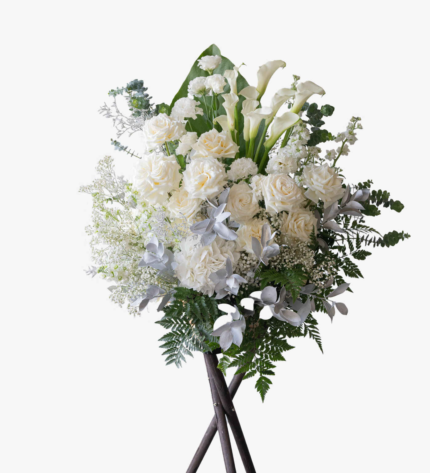 Elegance white sympathy flower stand with calla lilies and Ecuadorian roses