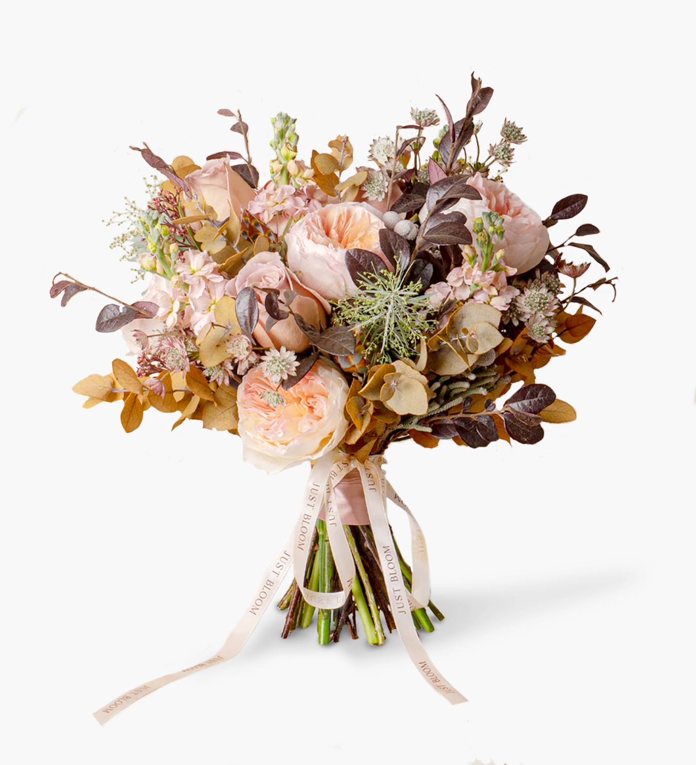 Hand-tied peach garden rose bridal bouquet with rustic fillers – Everly by Just Bloom