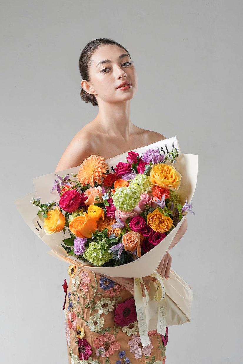 Everyday With You - A vibrant  bouquet featuring mixed roses, dahlias, lisianthus, and hydrangeas in a colourful palette. A joyful floral gift by Just Bloom HK