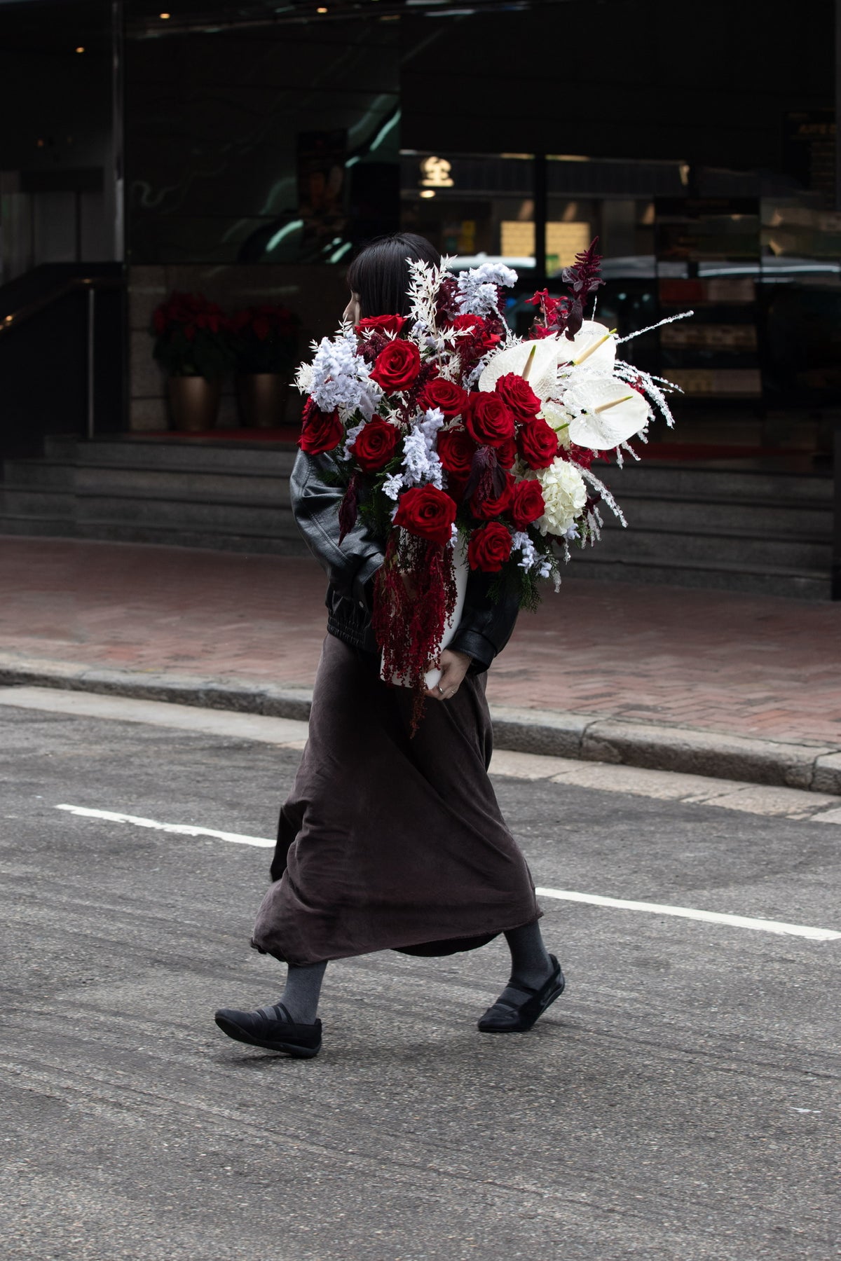 Frosted Crimson Vase Arrangement with Red Roses, Anthuriums, Hydrangeas, Renanthera Orchids, Amaranthus Caudatus, and Dried Foliage by Just Bloom Hong Kong