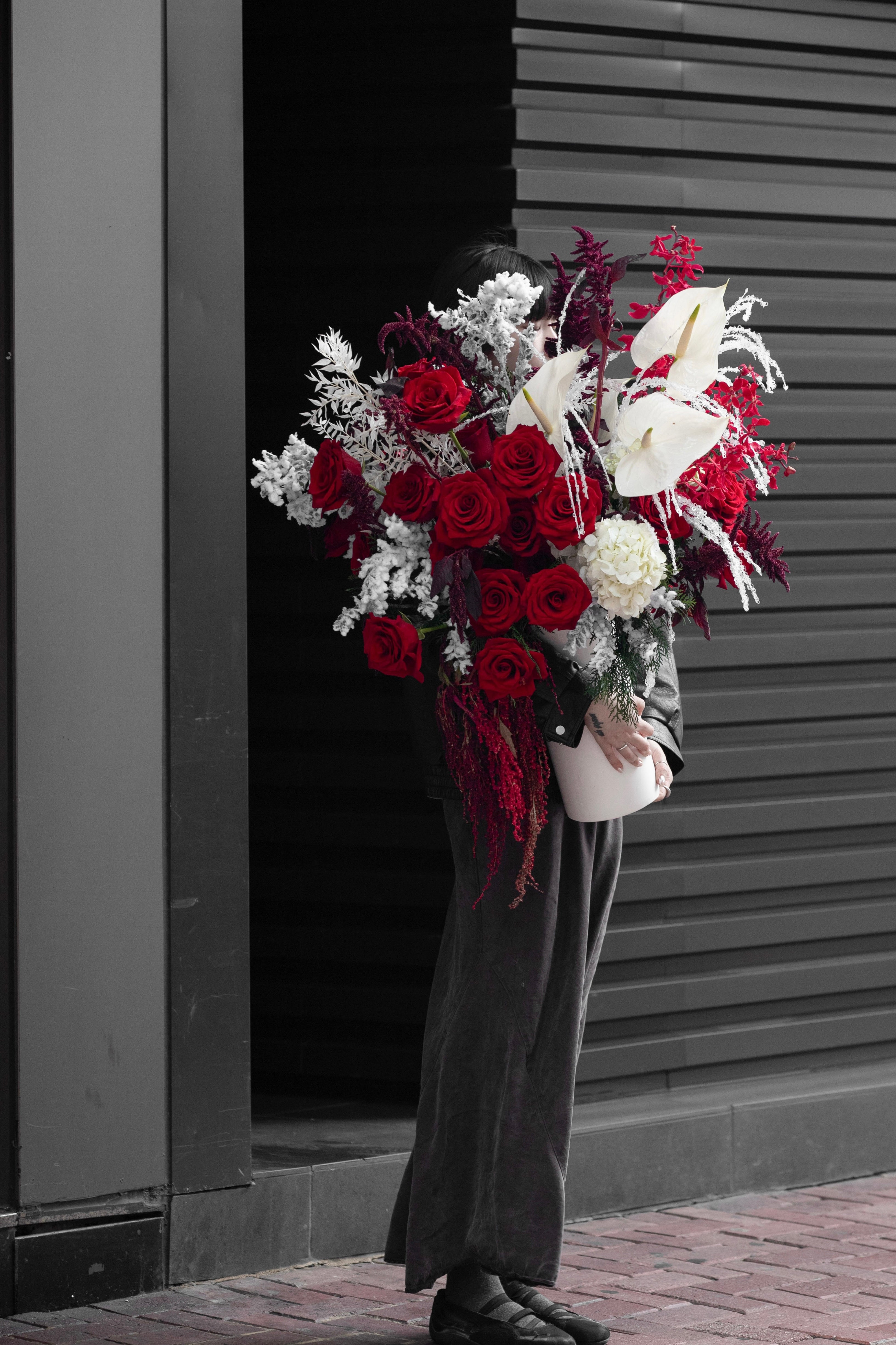 Frosted Crimson Vase Arrangement with Red Roses, Anthuriums, Hydrangeas, Renanthera Orchids, Amaranthus Caudatus, and Dried Foliage by Just Bloom Hong Kong