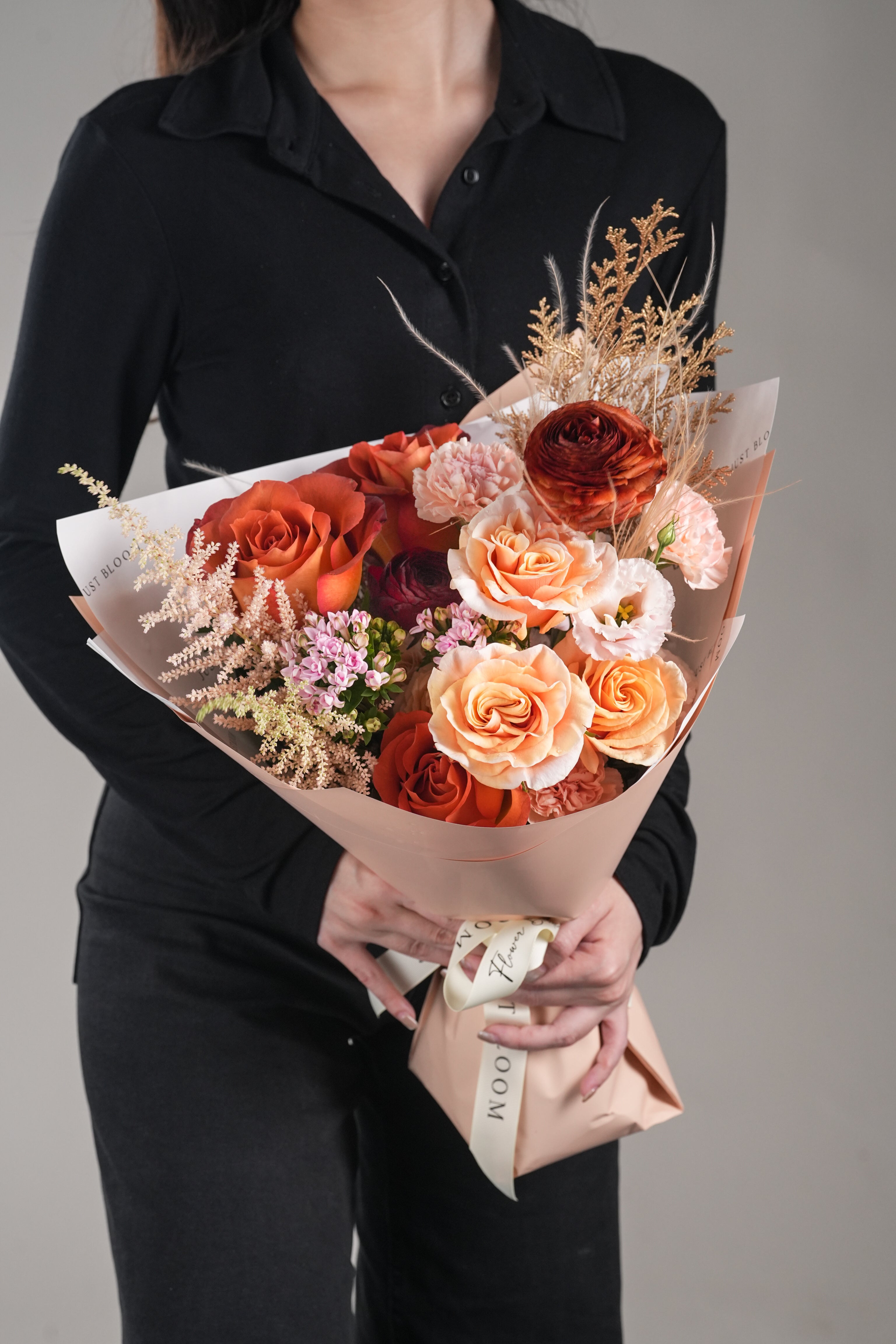 Gabriela bouquet by Just Bloom HK – premium orange Ecuador roses and seasonal fillers for Hong Kong delivery