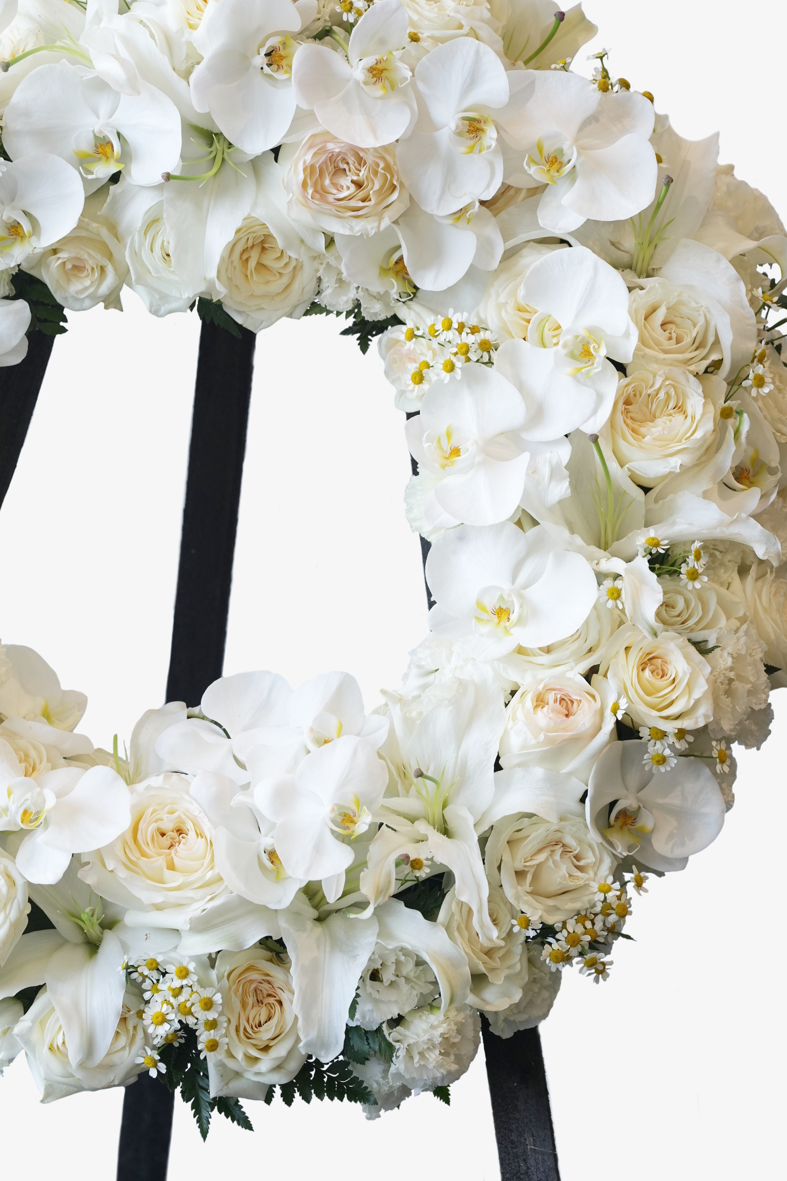 Close-up of chamomiles, orchids, and roses from Gentle Blessings condolence flower stand by Just Bloom Hong Kong