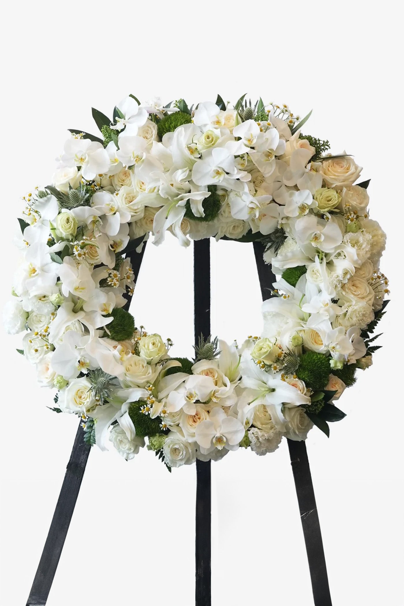 Full view of Gentle Blessings white sympathy wreath with orchids and roses by Just Bloom Hong Kong