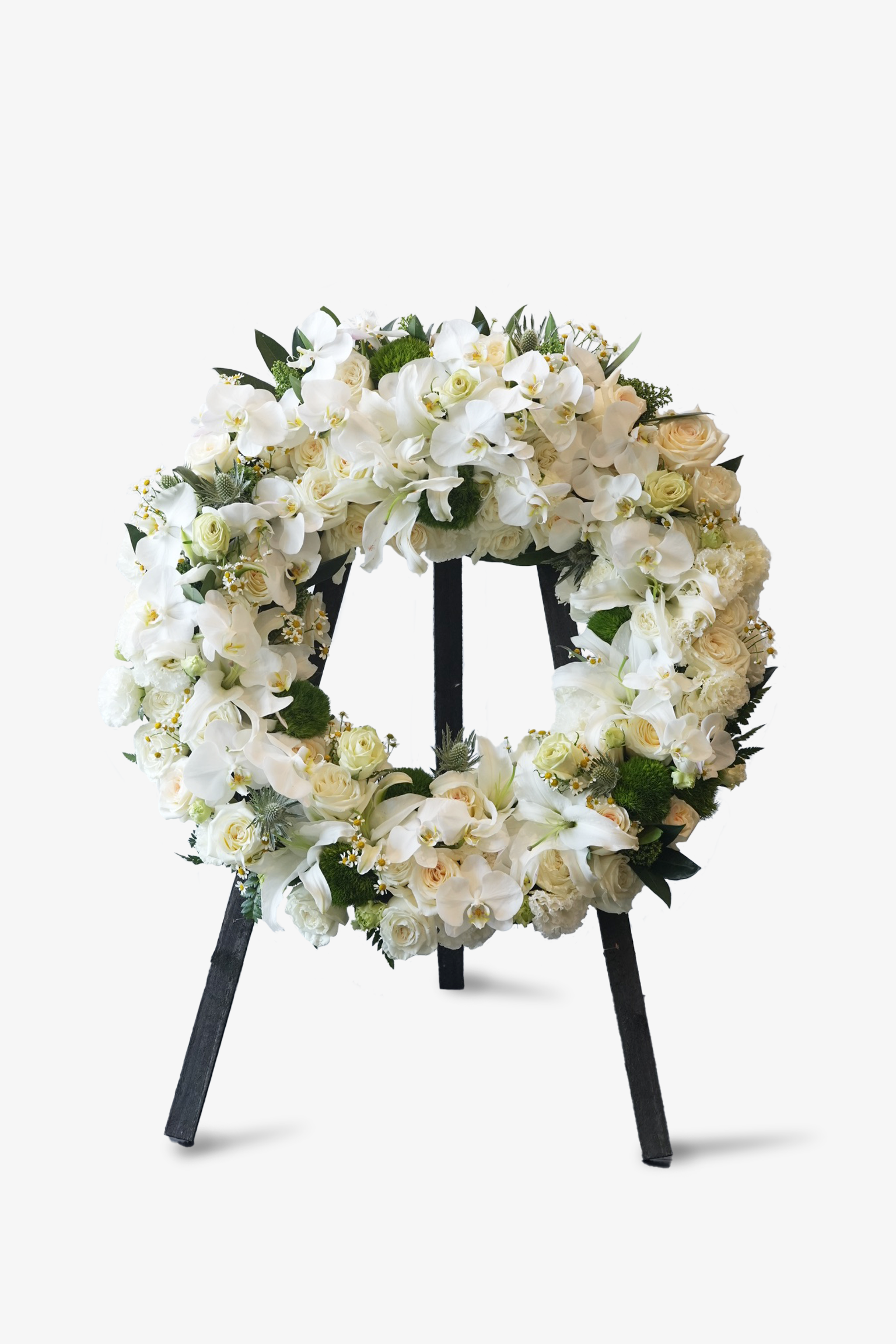 Full view of Gentle Blessings white sympathy wreath with orchids and roses by Just Bloom Hong Kong
