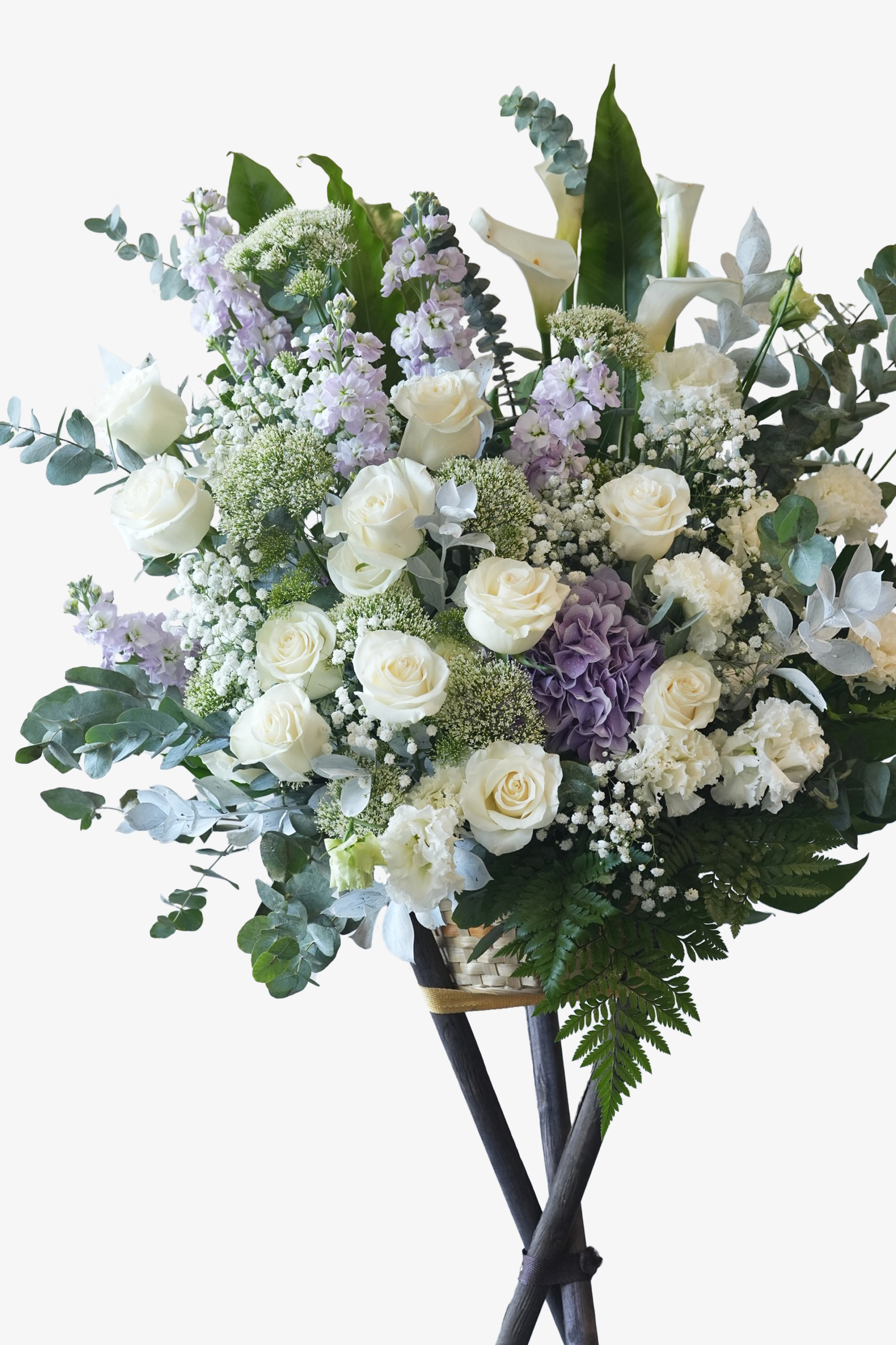 Close-up of Gentle Memory by Just Bloom HK – a white and purple tribute flower stand arranged with Ecuadorian and Dutch blooms for sympathy occasions.
