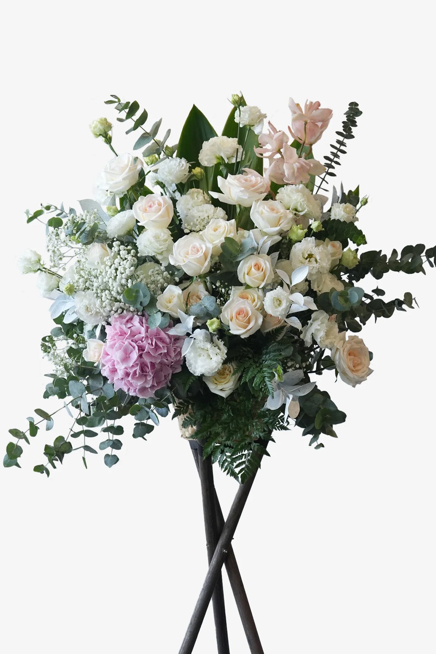 Tall white sympathy flower stand with roses, carnations, hydrangeas, and lush greenery – Graceful Farewell by Just Bloom HK