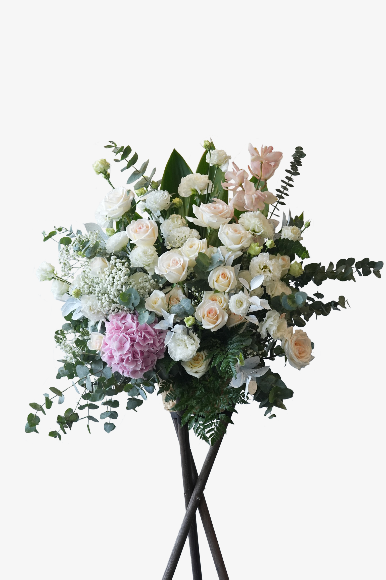 Tall white sympathy flower stand with roses, carnations, hydrangeas, and lush greenery – Graceful Farewell by Just Bloom HK