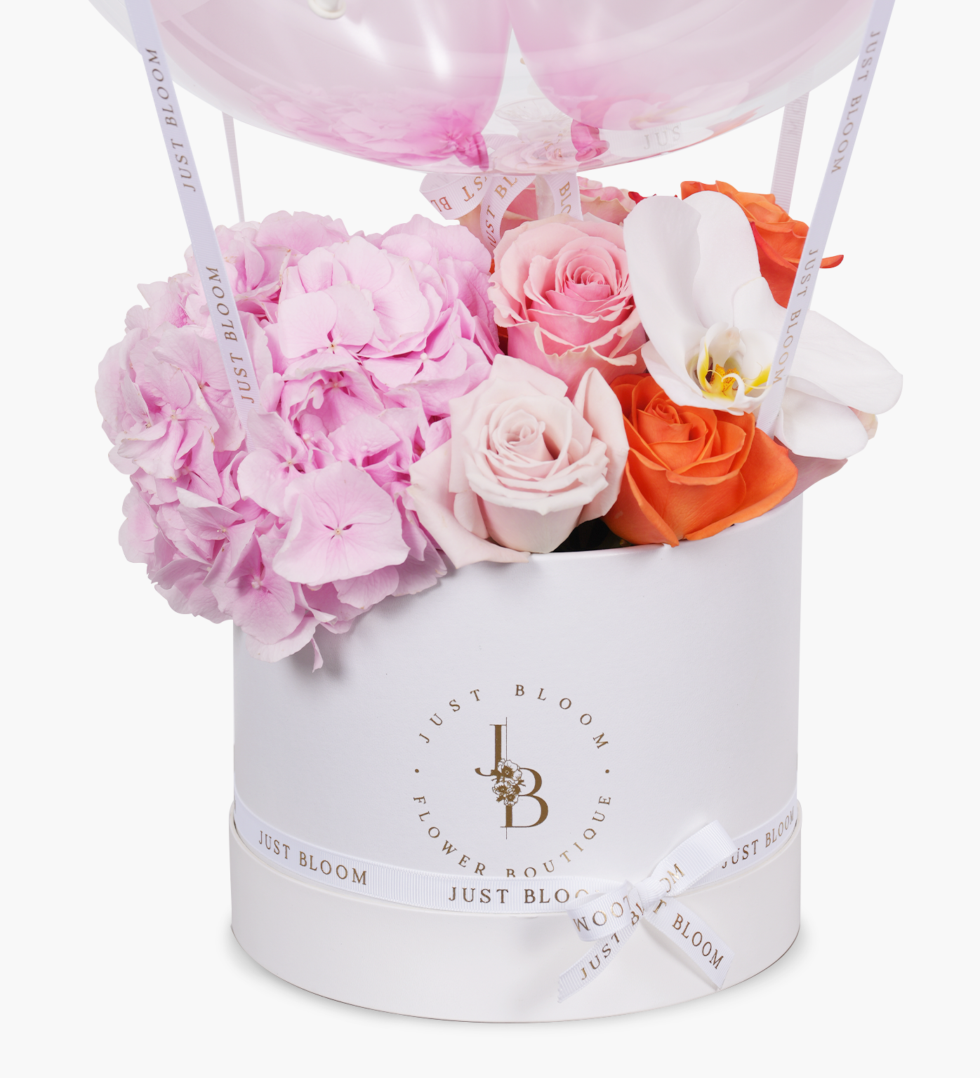 Detailed close-up of premium roses, hydrangeas, and orchids from the Haven flower box by Just Bloom HK