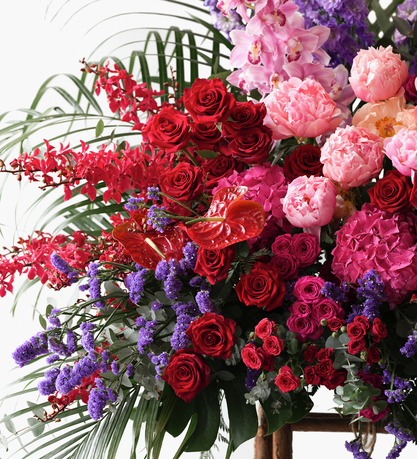 Hayden opening stand premium red roses hydrangeas oncidiums anthuriums close up Just Bloom HK