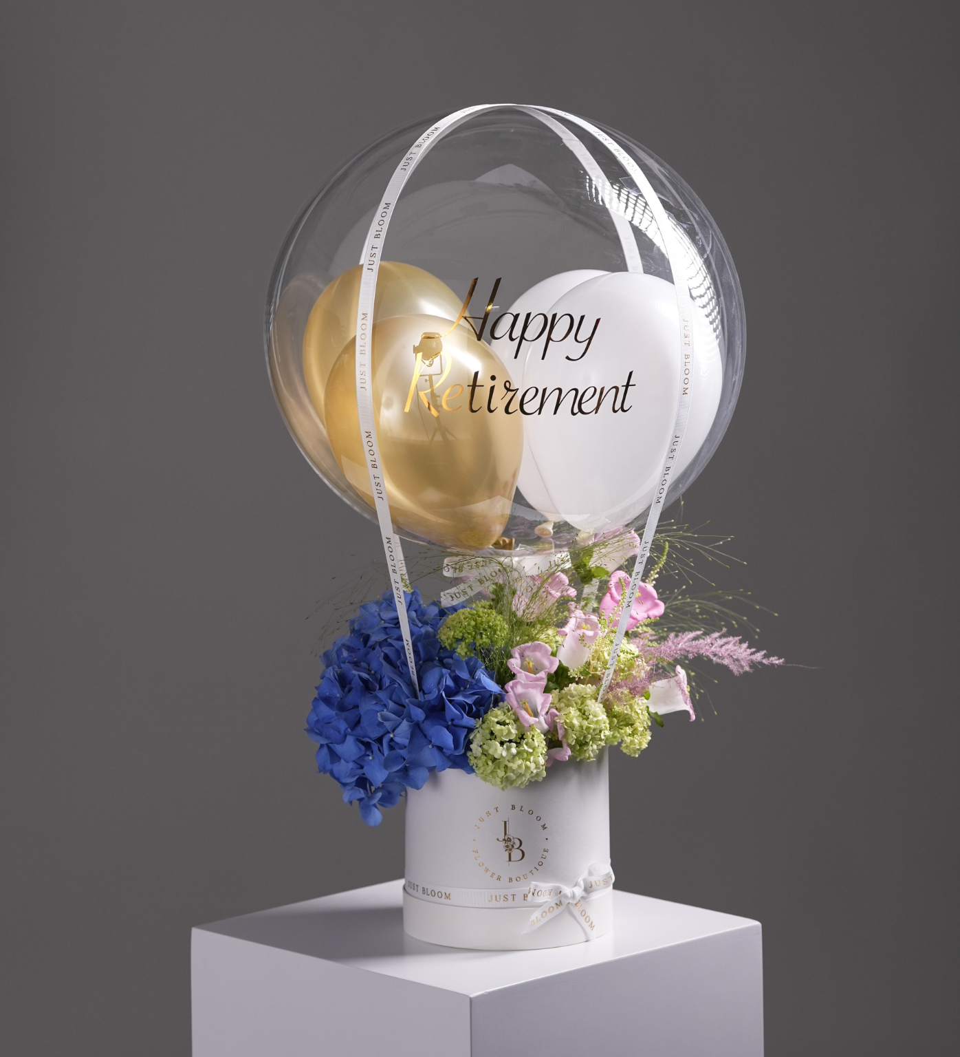 Hazel celebration flower box premium Dutch hydrangeas bellflowers viburnums Hong Kong Just Bloom HK