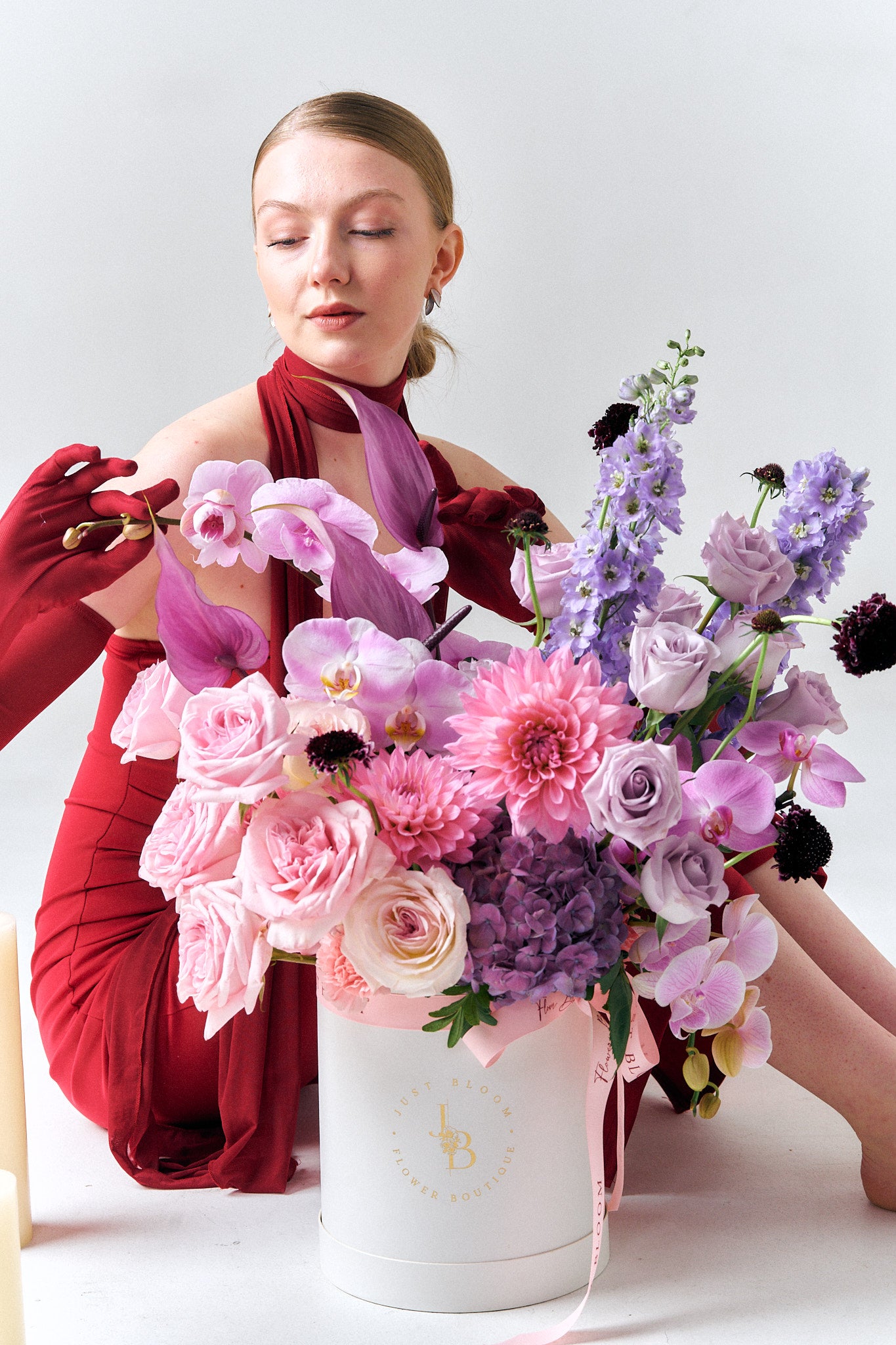 Heartfelt Promise flower box lavender roses purple hydrangeas dahlias elegant arrangement Just Bloom HK