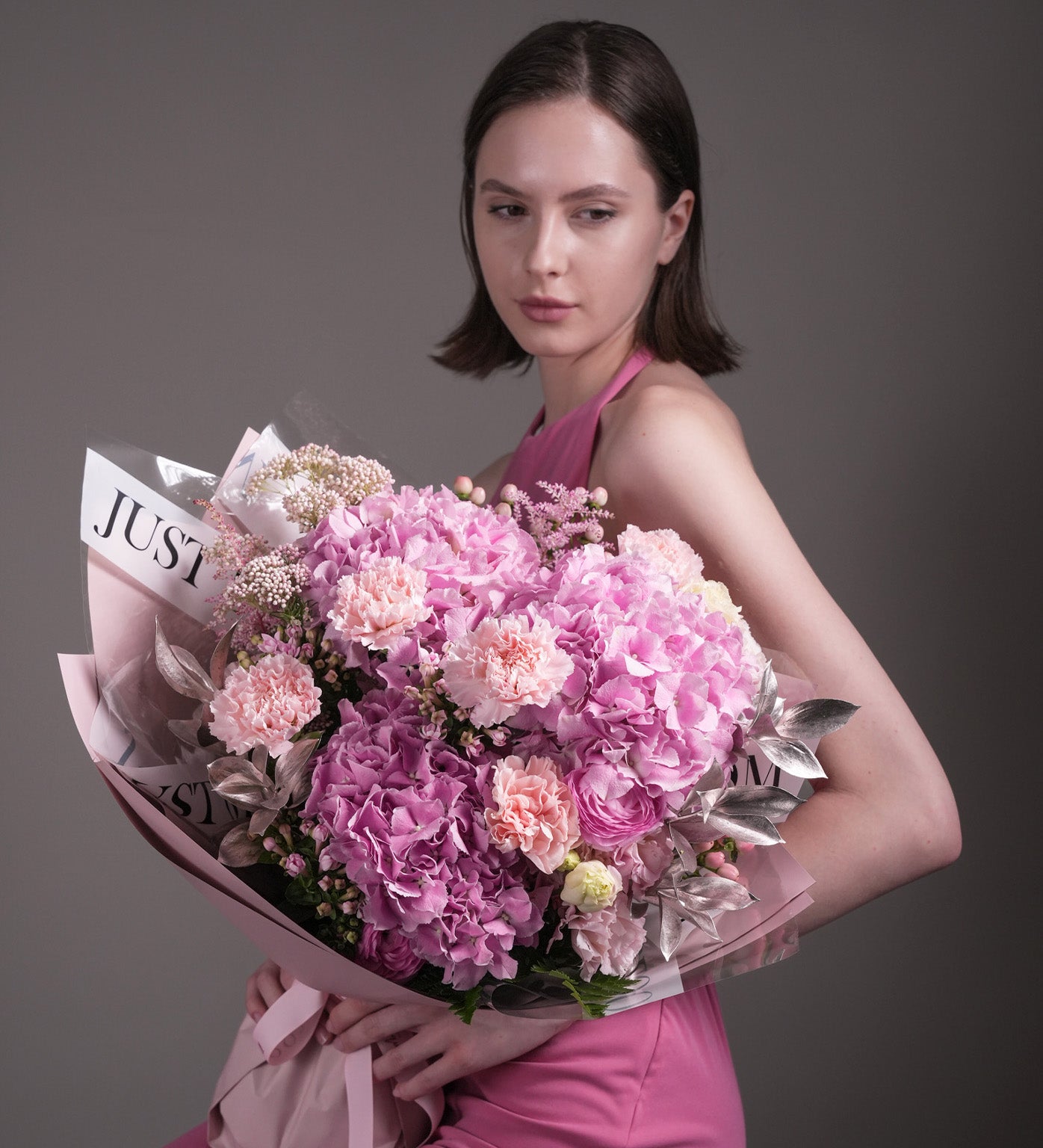 Hearts Blossom pink romance bouquet Dutch hydrangeas eustomas elegant wrapping Just Bloom HK