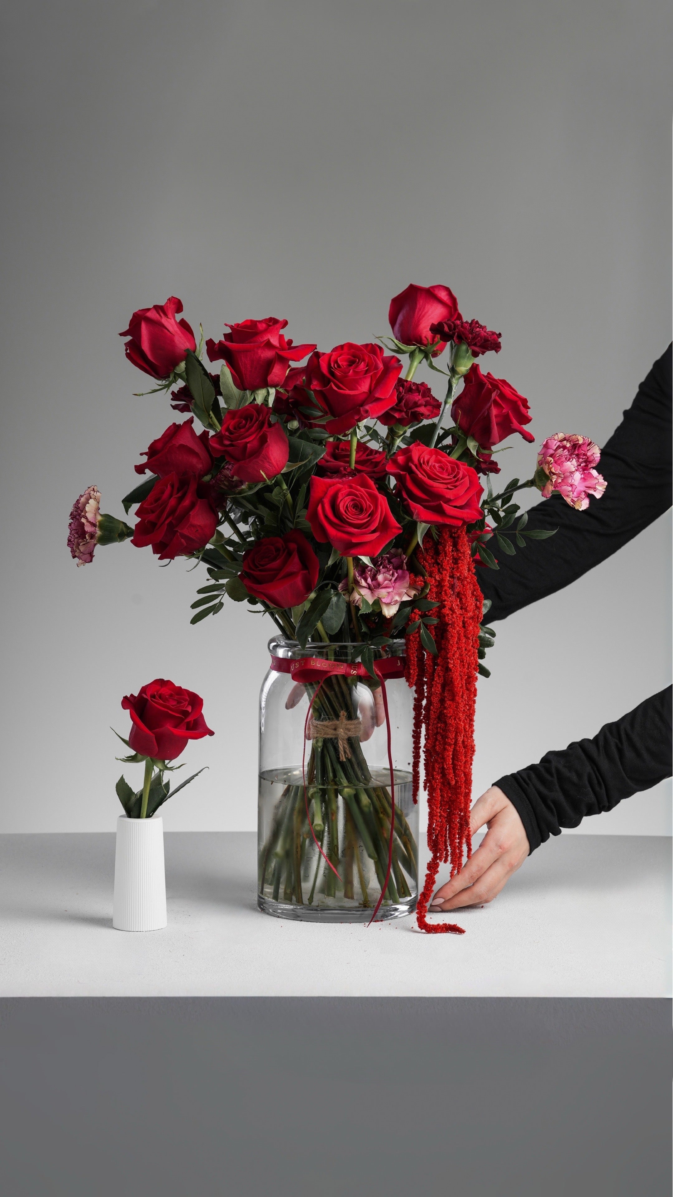 Heather Vase Arrangement with Classic Red Roses, Carnations, and Cascading Amaranthus Caudatus by Just Bloom Hong Kong