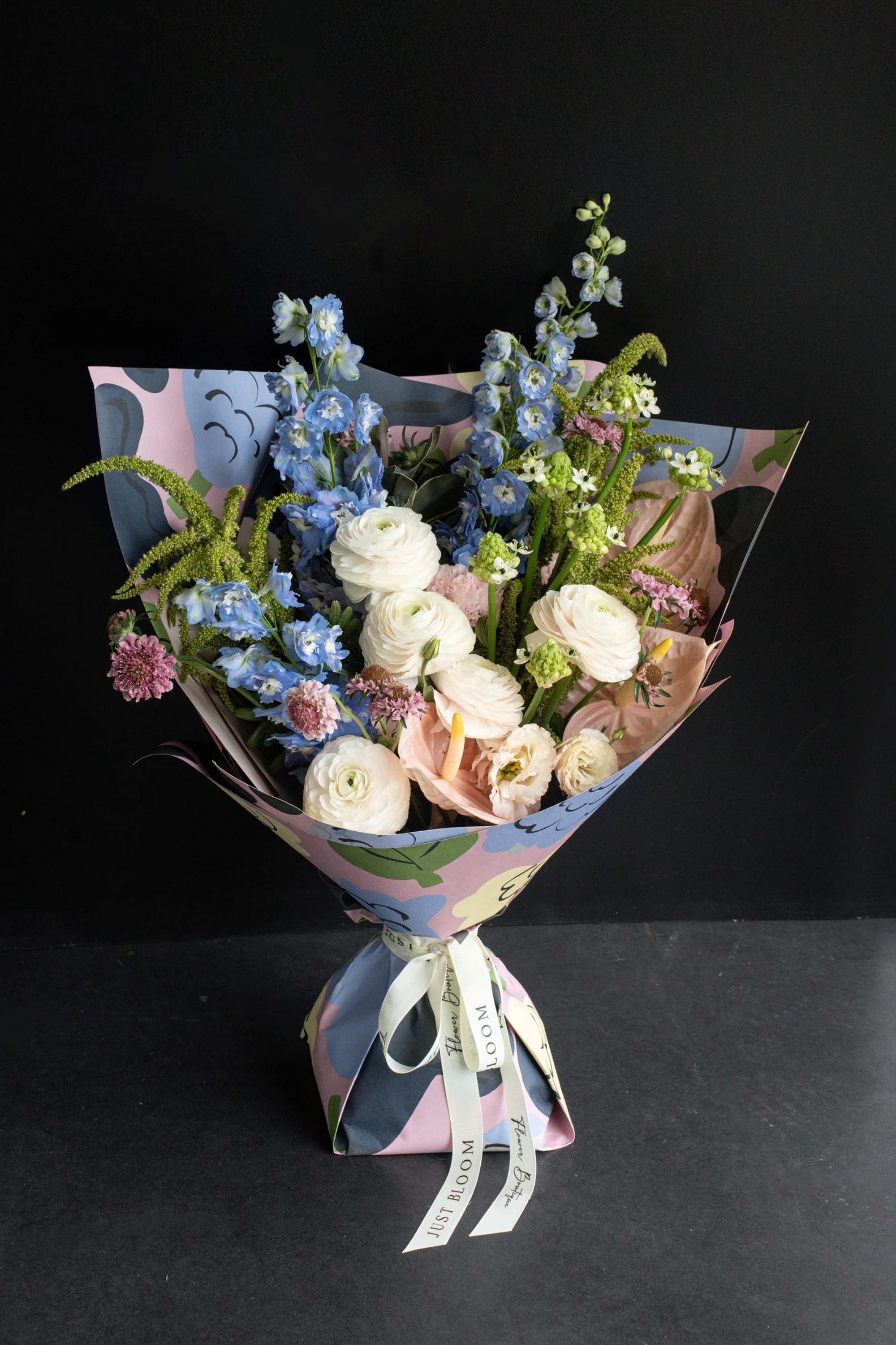 Helsinki Bloom Bouquet with Ranunculuses, Delphiniums, Anthuriums, and Scabiosas by Just Bloom Hong Kong