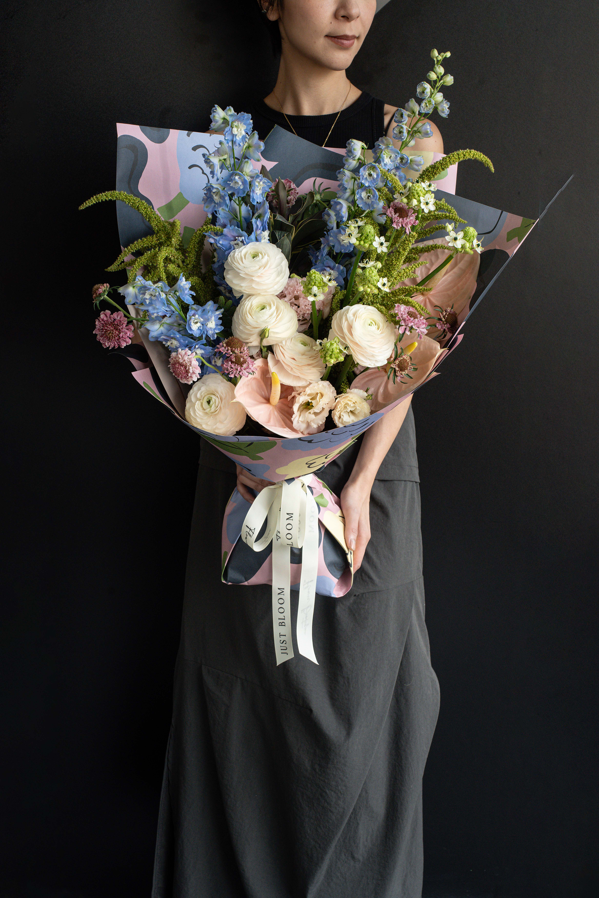 Helsinki Bloom Bouquet with Ranunculuses, Delphiniums, Anthuriums, and Scabiosas by Just Bloom Hong Kong