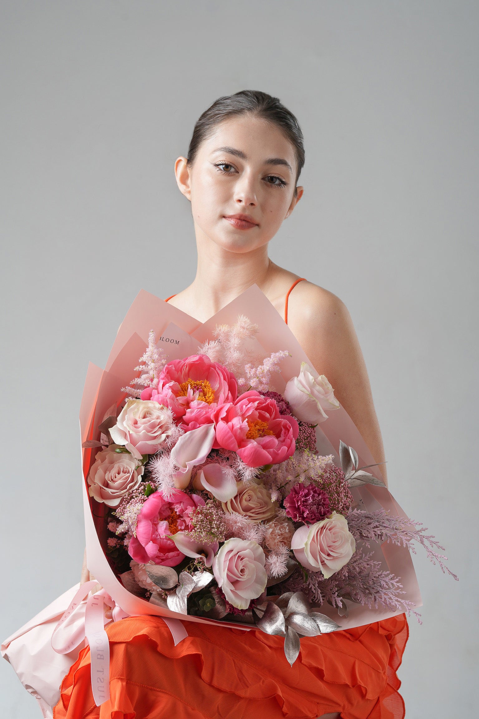 Her Moments pink peony blush roses elegant bouquet metallic leaves Just Bloom HK