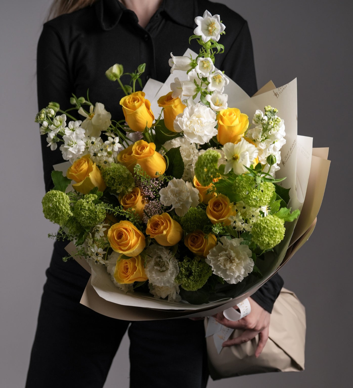 Hope bouquet vibrant yellow roses white stocks carnations empowerment flowers Just Bloom HK