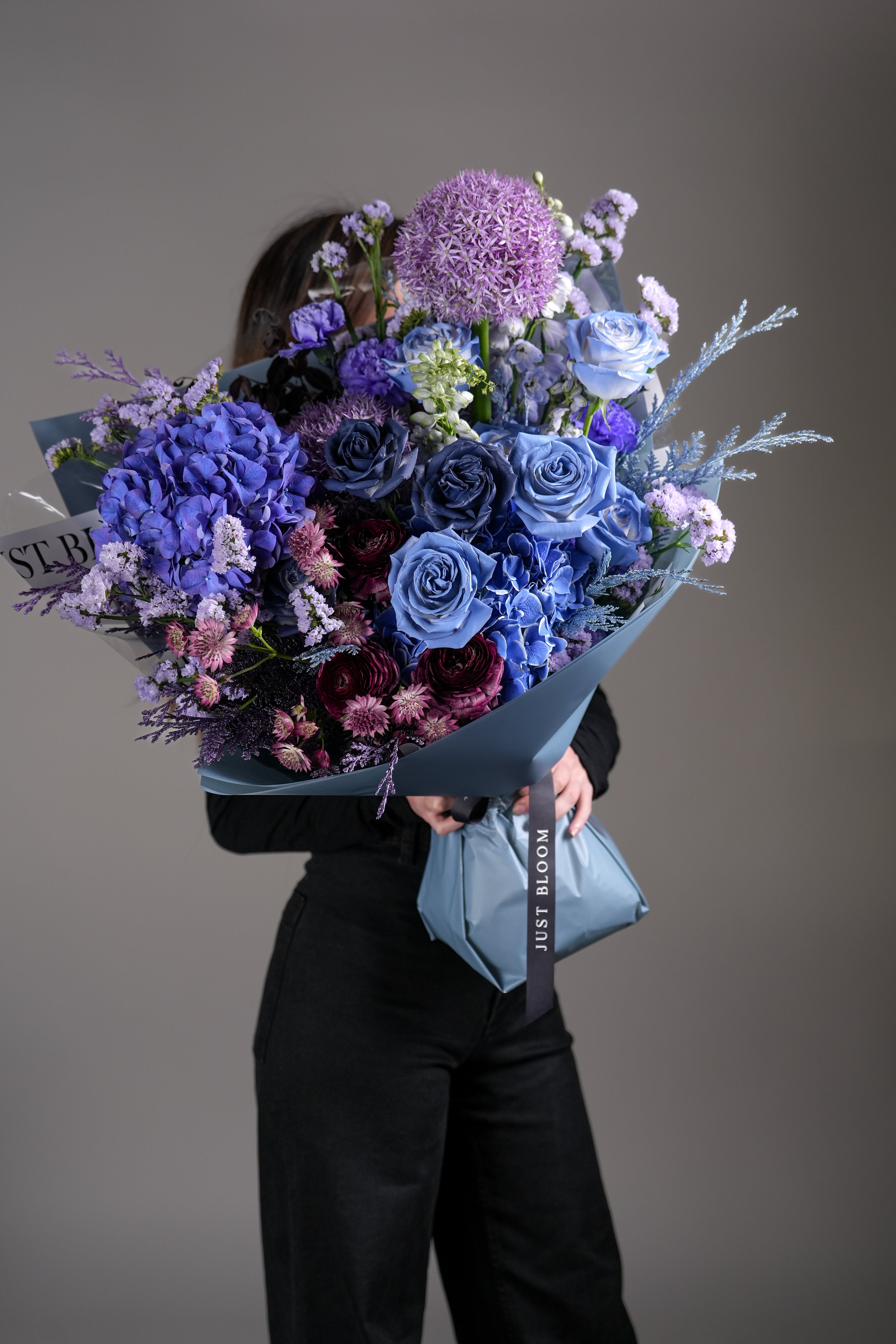 Hunter luxury blue purple bouquet delphiniums alliums sophisticated flowers Just Bloom HK