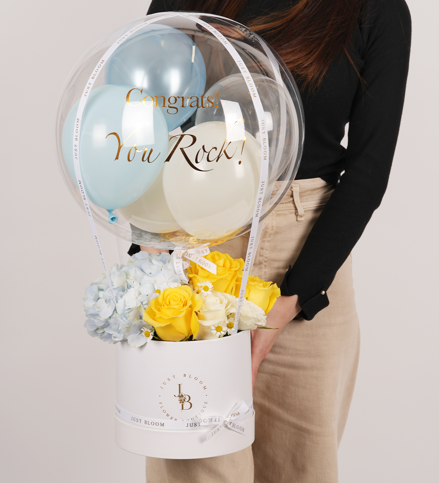 Yellow rose, hydrangea, and chamomile flower box by Just Bloom – congratulatory floral gift for celebration in Hong Kong