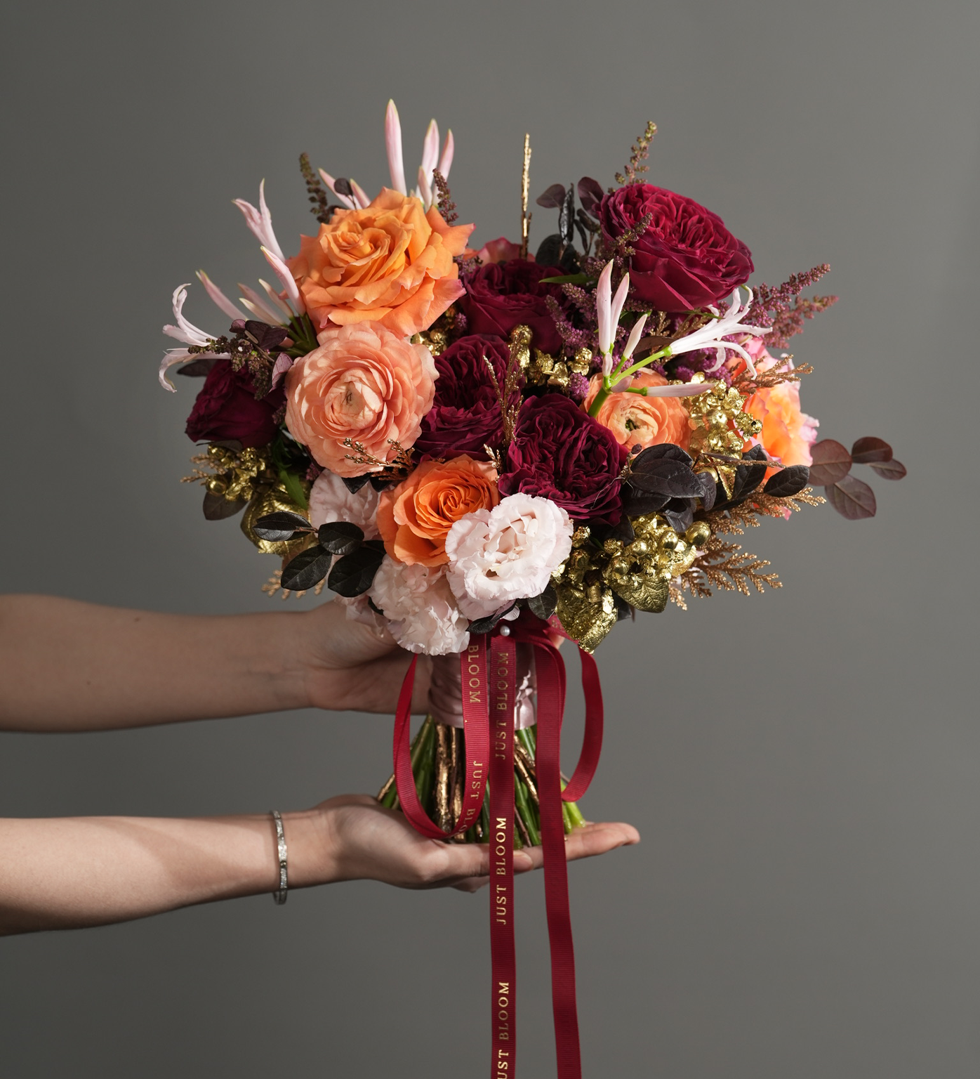 Imani bridal bouquet premium roses ranunculus gold accents wedding flowers Just Bloom HK