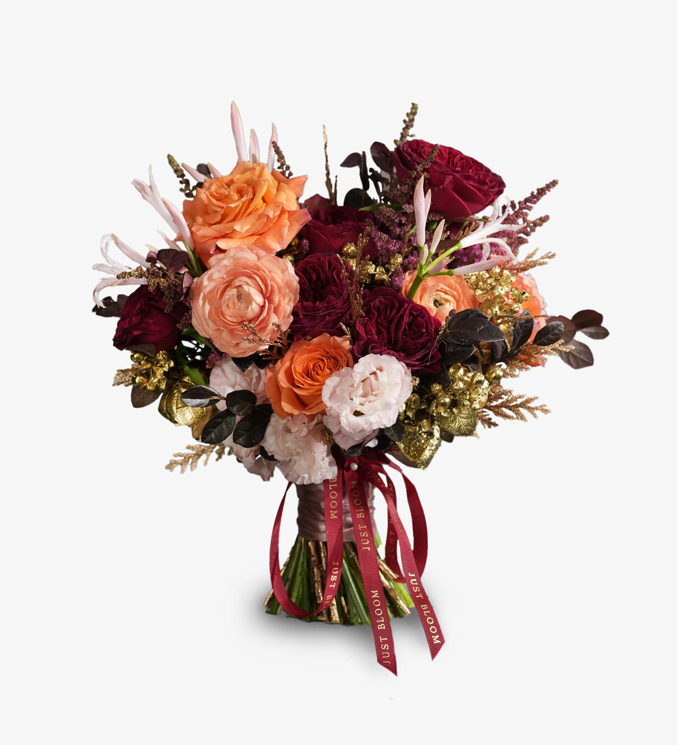 Imani luxury bridal bouquet Ecuador roses David Austin garden roses orange ruby red Hong Kong Just Bloom HK
