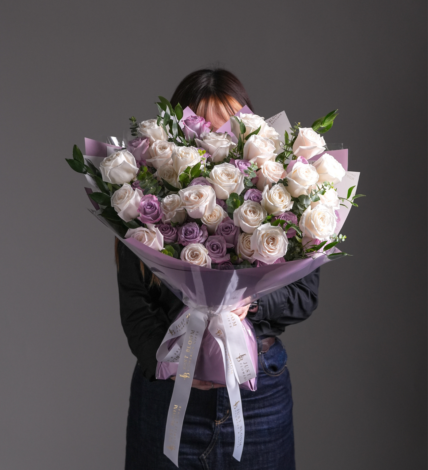 Ingrid purple white Ecuador rose bouquet eucalyptus premium flowers Hong Kong Just Bloom HK