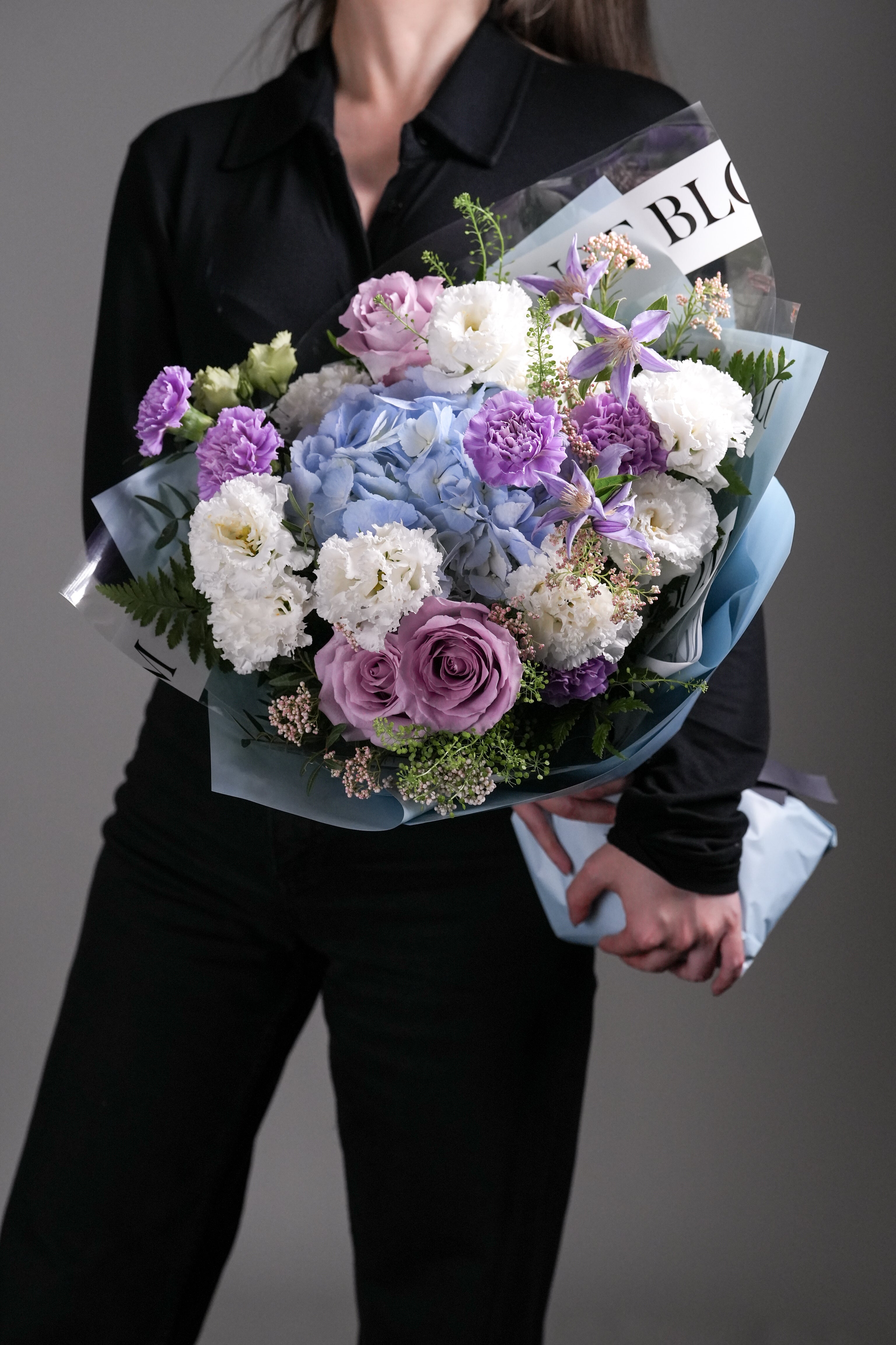 Jamie blue hydrangea purple rose white carnation bouquet dreamy Hong Kong Just Bloom HK