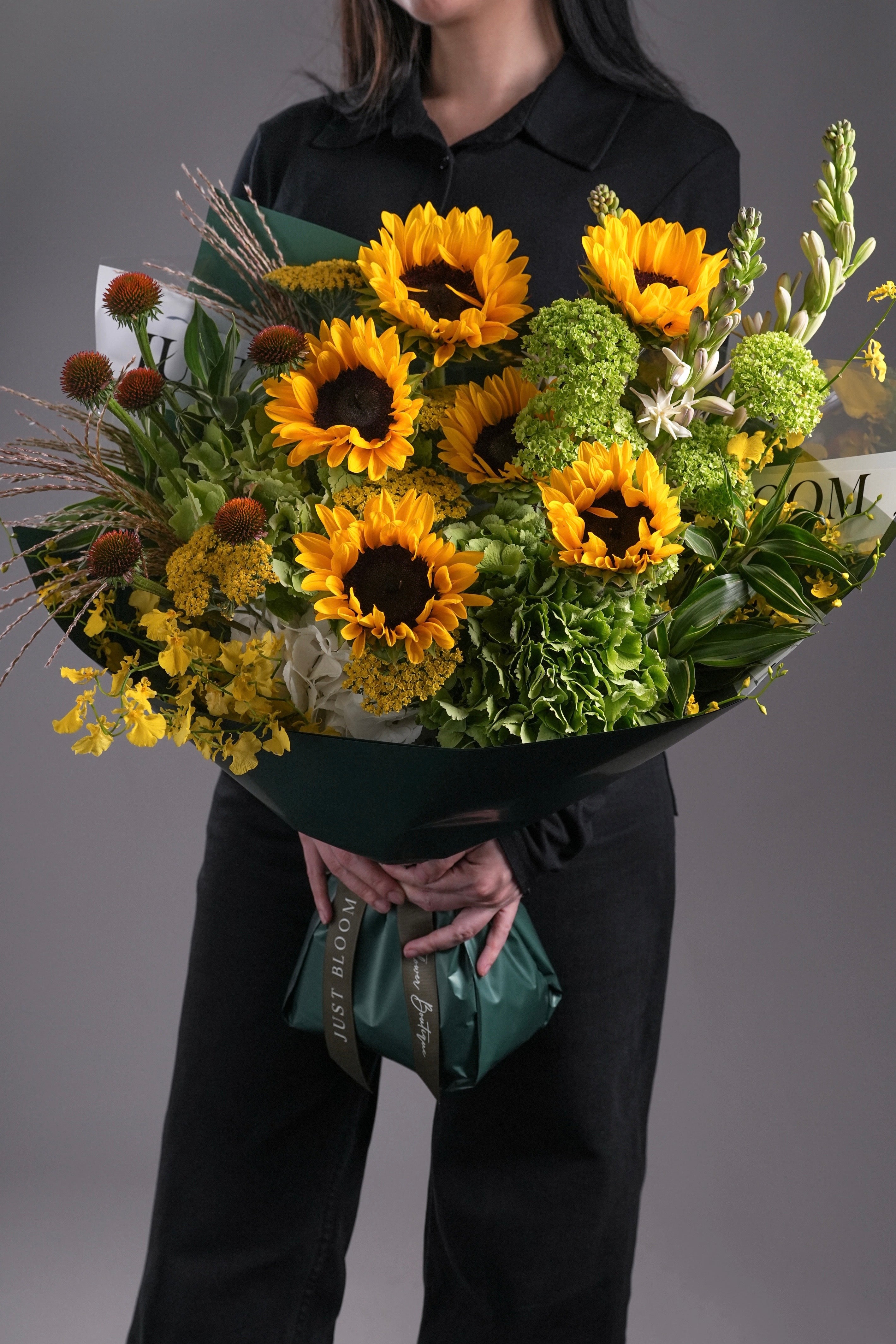 Jaxon sunflower hydrangea yellow green bouquet congratulations Hong Kong Just Bloom HK