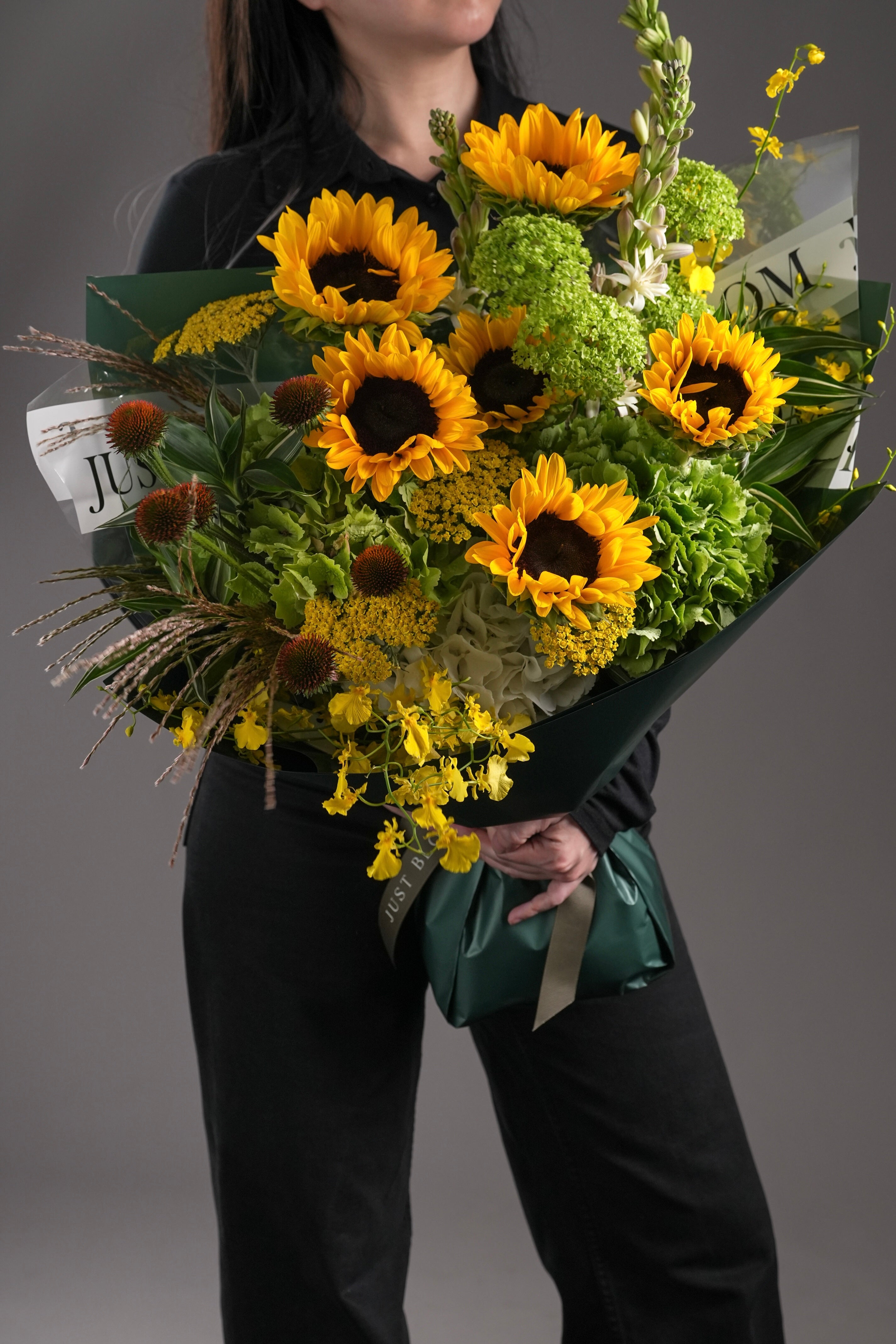 Jaxon warm sunflower bouquet gold green celebration flowers encouragement Just Bloom HK