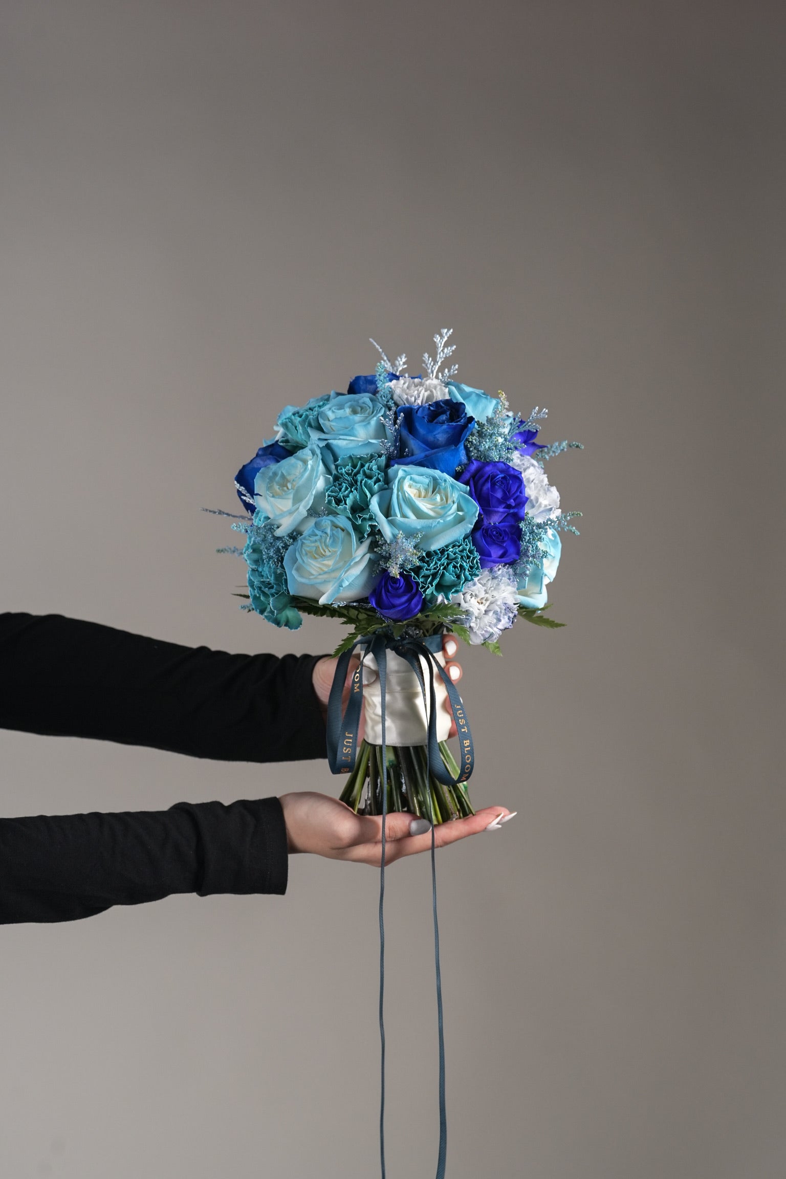 Jemma stylish blue bridal bouquet premium roses unique wedding flowers Just Bloom HK