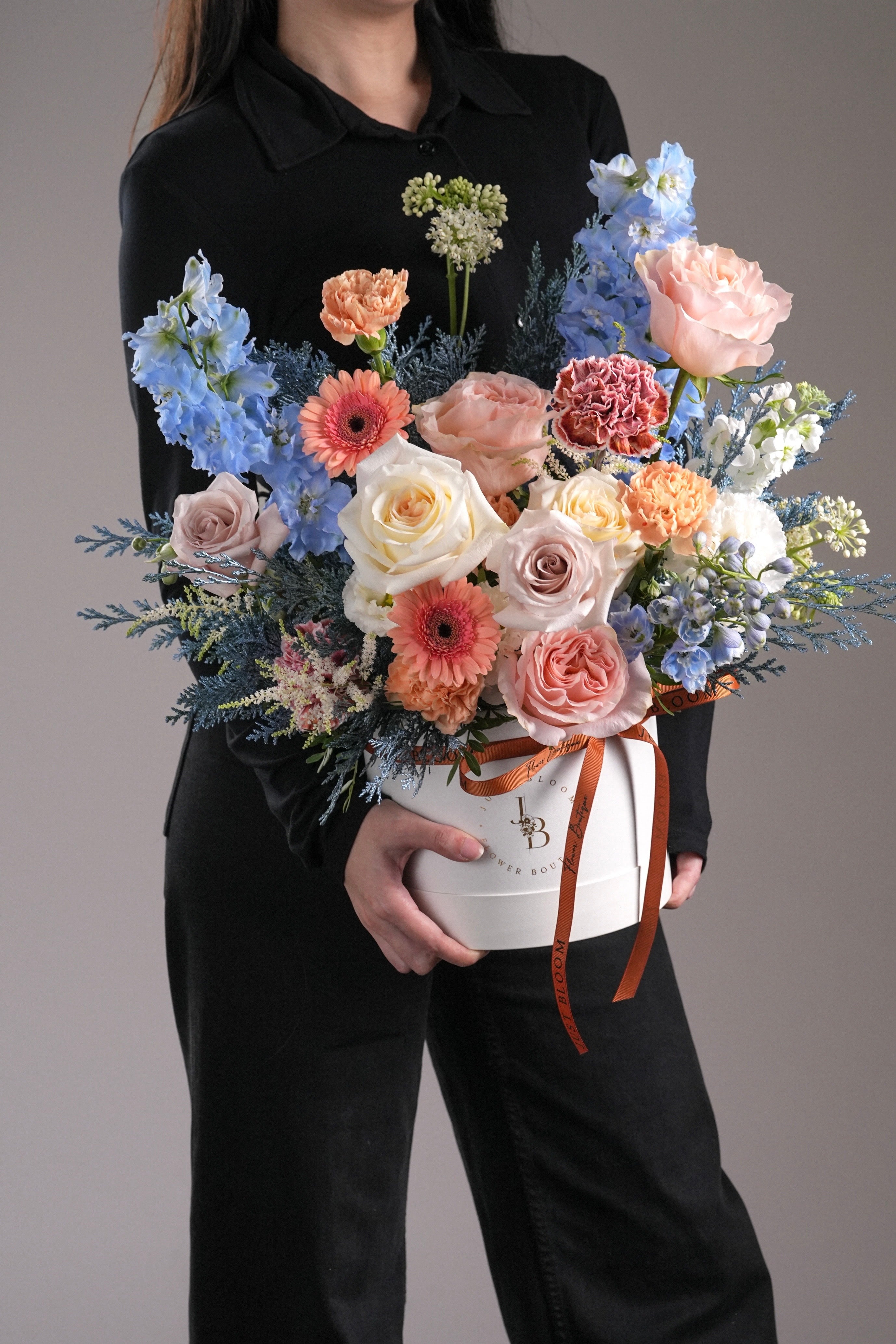 Jude whimsical flower box blue peach orange gerbera uplifting arrangement Just Bloom HK
