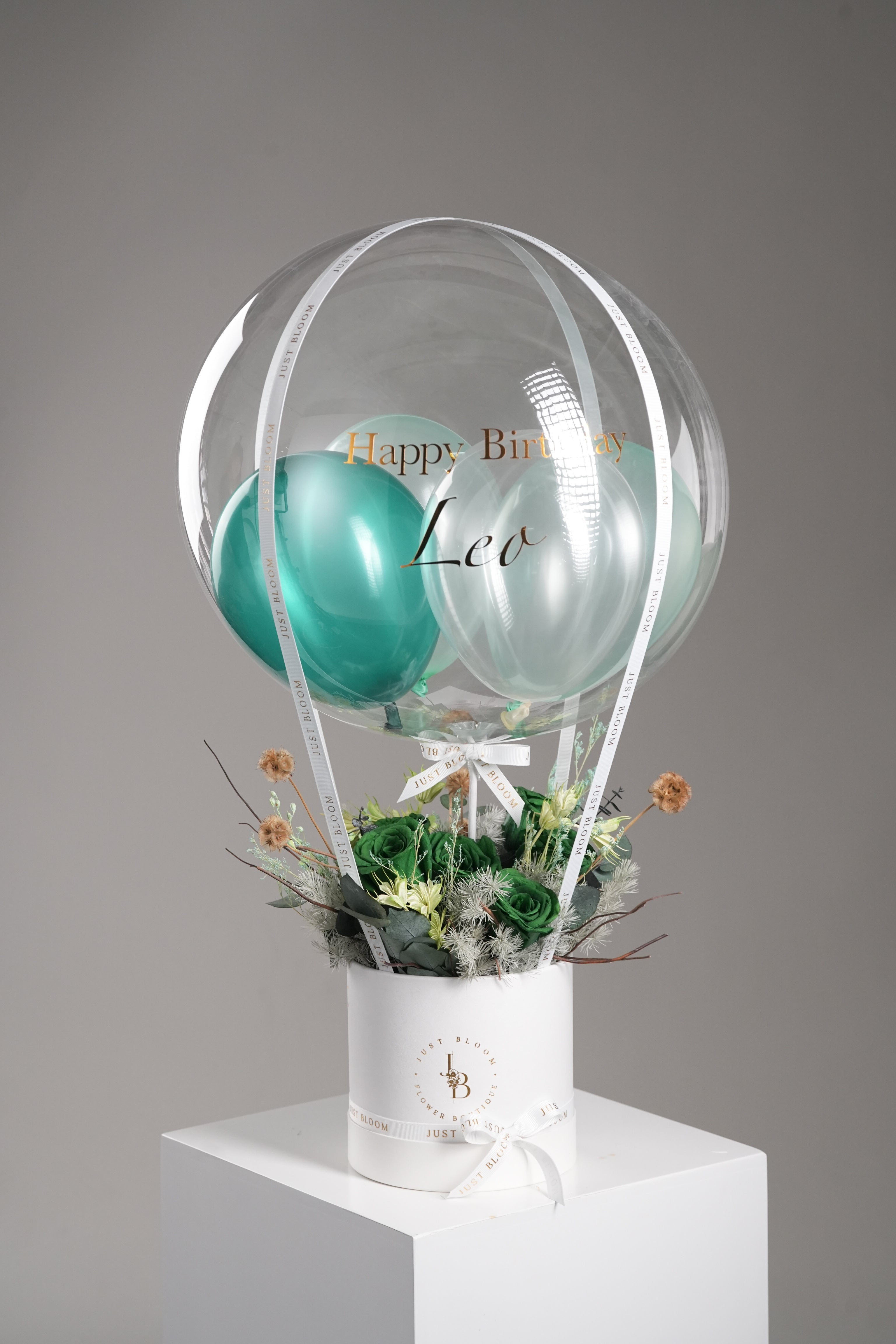 Brynn preserved green rose floral box with crystal balloon – close-up view
