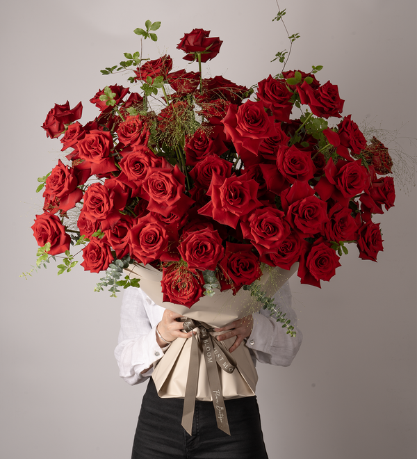 Just Bloom Captivating 99 Red Rose Bouquet - Premium Ecuadorian Roses for Love and Romance"