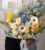 Just Bloom Delightful Blue and Yellow Bouquet - Premium Ecuadorian Roses and Vibrant Dutch Flowers