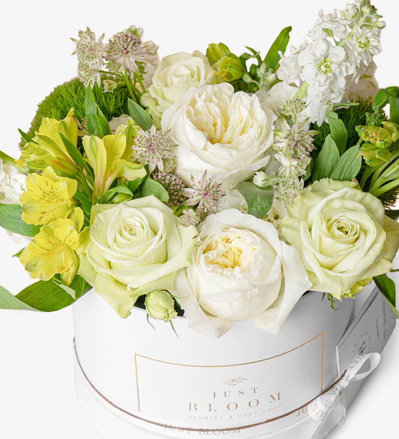 An image of an elegant Flower Box filled with a stunning selection of premium Ecuadorian roses, premium Ecuadorian garden roses, Dutch premium stocks, premium Dutch astrantias, and Dutch alstroemerias, exuding a sense of nobility and dignity.