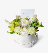 An image of an elegant Flower Box filled with a stunning selection of premium Ecuadorian roses, premium Ecuadorian garden roses, Dutch premium stocks, premium Dutch astrantias, and Dutch alstroemerias, exuding a sense of nobility and dignity.