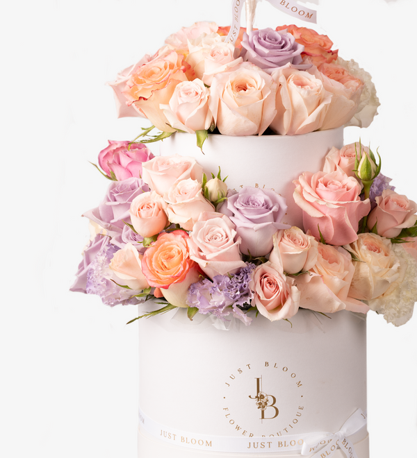 Just Bloom Enchanting Fresh Flower Box - Premium Ecuadorian Roses and Dutch Eustomas in Double Cake Layer Style